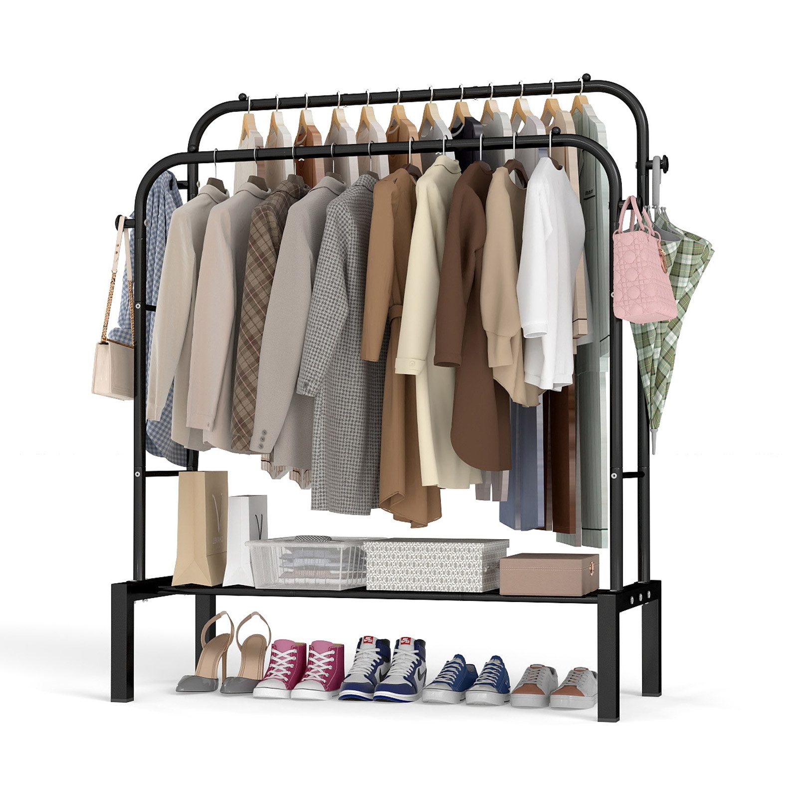 loefme Kleiderständer 3-in-1 Garderobenständer, Metall Kleiderstange offen, (mit Ablage & Seitenhaken), Einfache Montage Multifunktionaler Kleiderständer, Schwarz