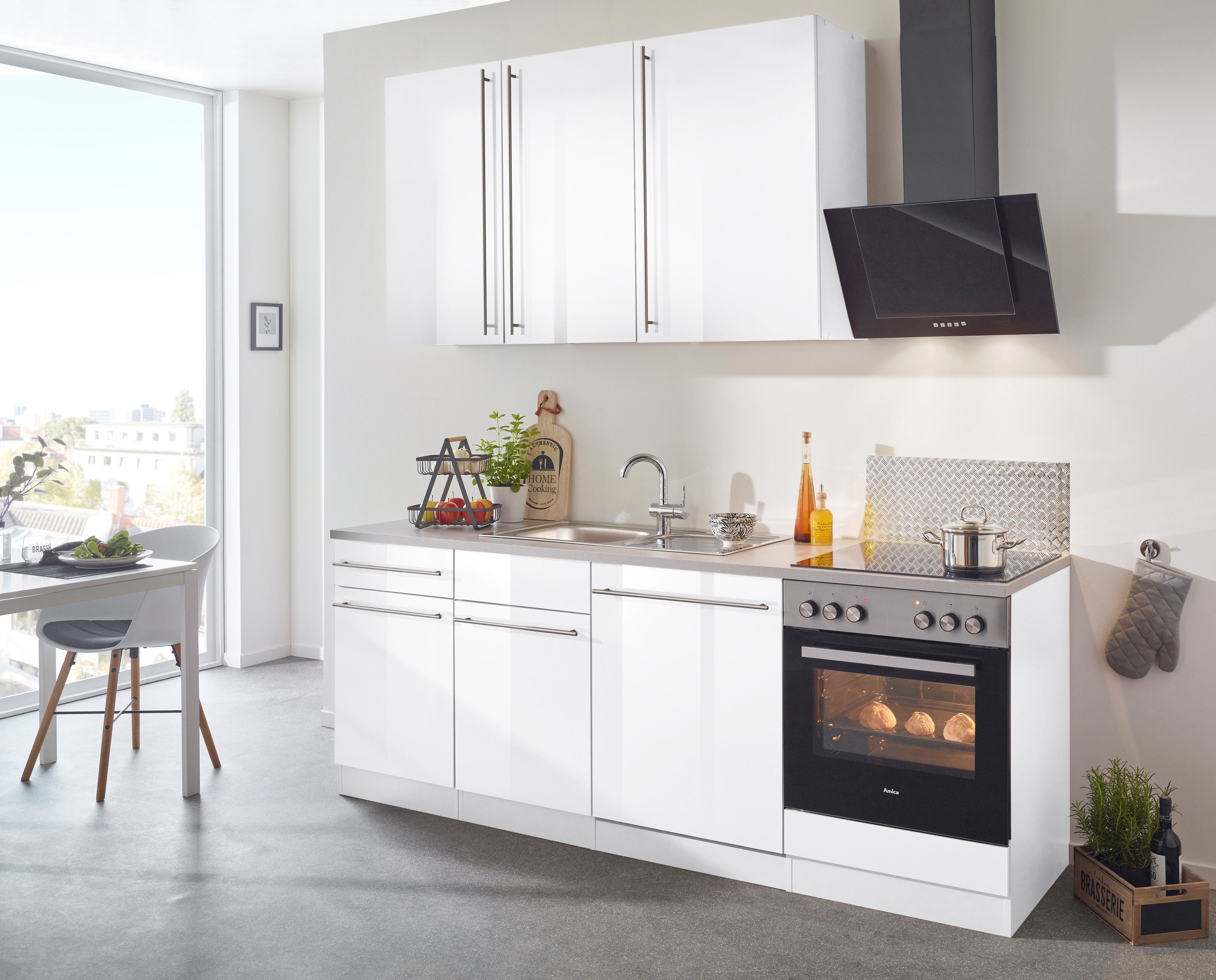 wiho Küchen Küchenzeile Chicago, Breite Weiß | E-Geräten, 220 cm Glanz weiß mit