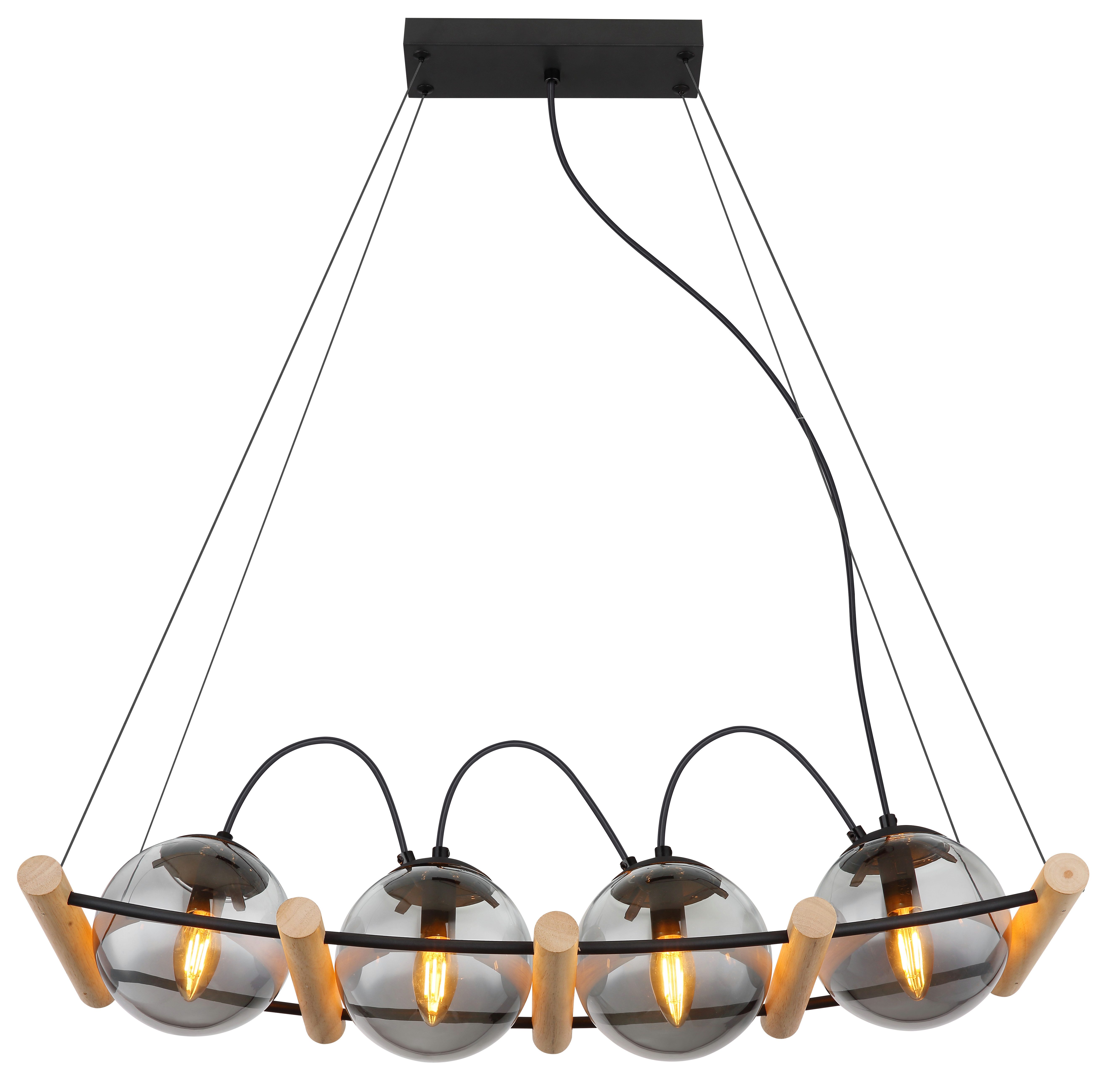 GLOBO LIGHTING Hängeleuchte LEONA, ohne Leuchtmittel, Hängeleuchte Schwarz/Holz, Rauchglas, höhenverstellbar, E14 LED