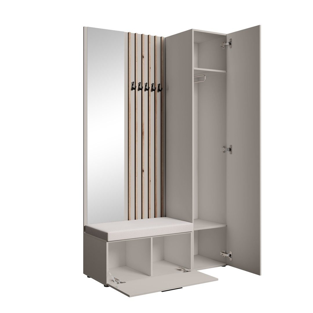 Beautysofa Garderoben-Set MARGARET Flurgarderobe mit Spiegel, (Kleiderschrank, Schuhschrank, Sitzbank, Kleiderstange, Flurmöbel-Set mit Lamellen), verschiedene Farben und Breiten