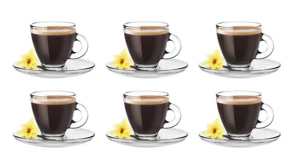 Sendez Espressotasse 6 Espresso Gläser 85ml mit 6 Unterteller Tasse 12tlg Espressoglas, 12-tlg., Glas