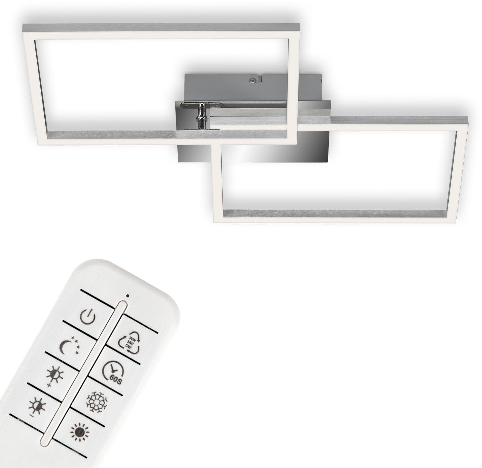 Briloner Leuchten LED Deckenleuchte 3149018 FRAME, CCT - über Fernbedienung, Nachtlichtfunktion, Timerfunktion, LED fest integriert, Kaltweiß, Neutralweiß, Tageslichtweiß, Warmweiß, Deckenlampe, 50x38,8x7,8cm, Chrom, 30W, Wohnzimmer, Schlafzimmer