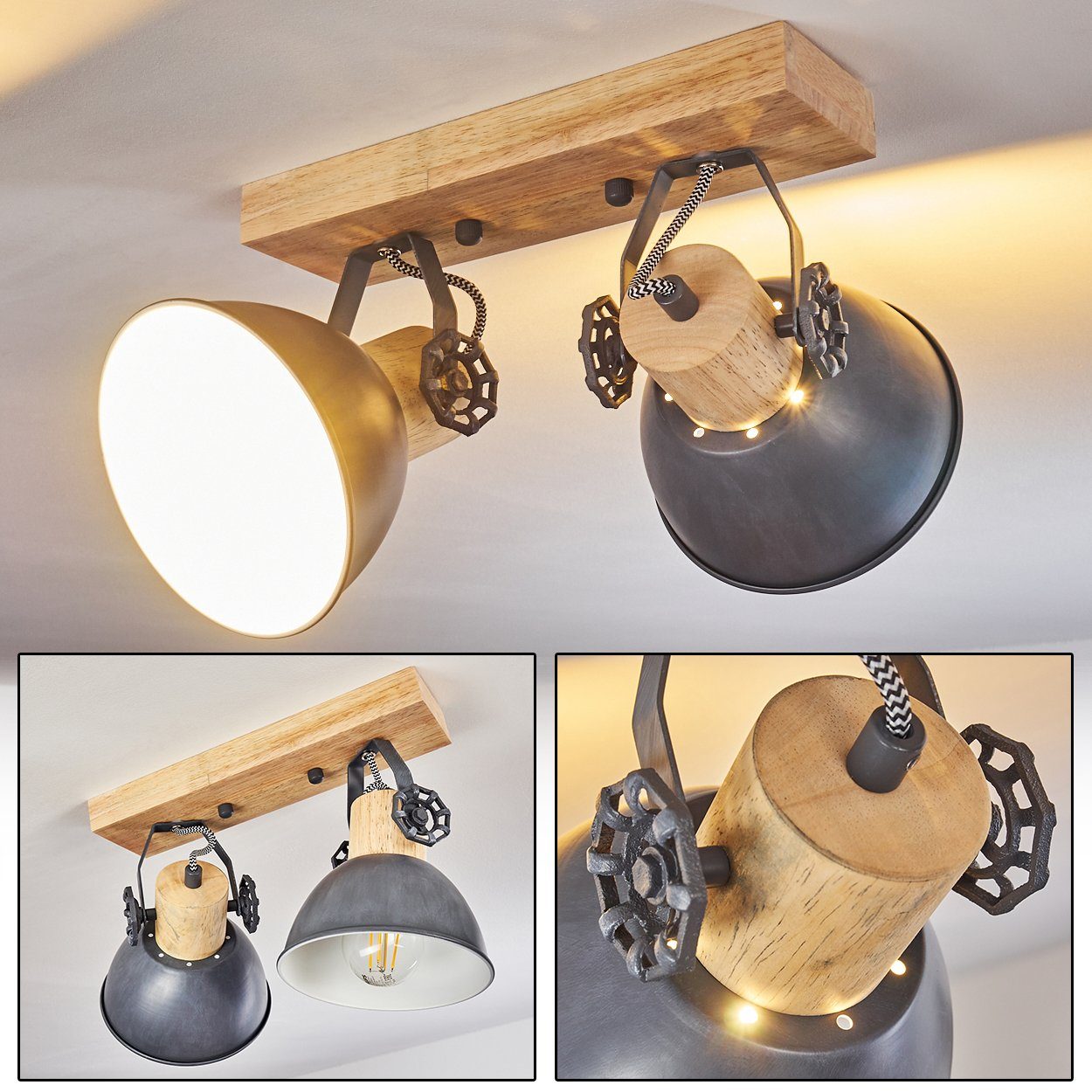 Deckenleuchte 2xE27, Spot aus hofstein ohne verstellbaren Grau/Weiß/Braun, mit Leuchtmittel, Metall/Holz in Deckenlampe im Retro/Vintage »Cotes« Strahlern, Design