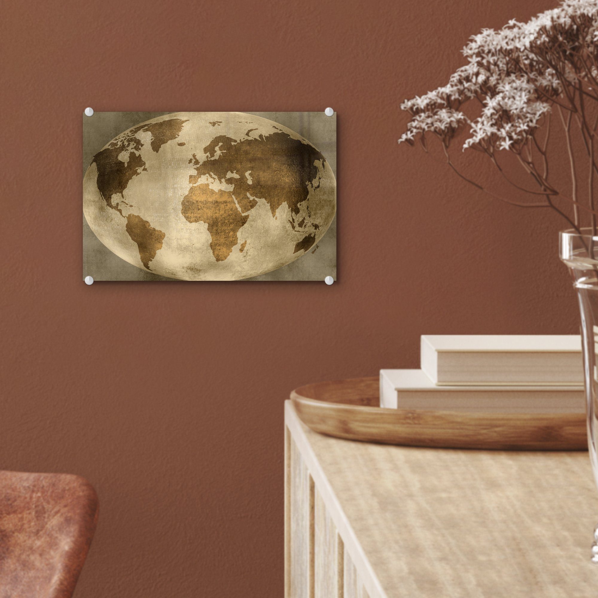 MuchoWow Acrylglasbild Weltkarte - Vintage, (1 Wanddekoration Bilder Globus St), - auf Wandbild auf - Glas - Foto Glas - Glasbilder