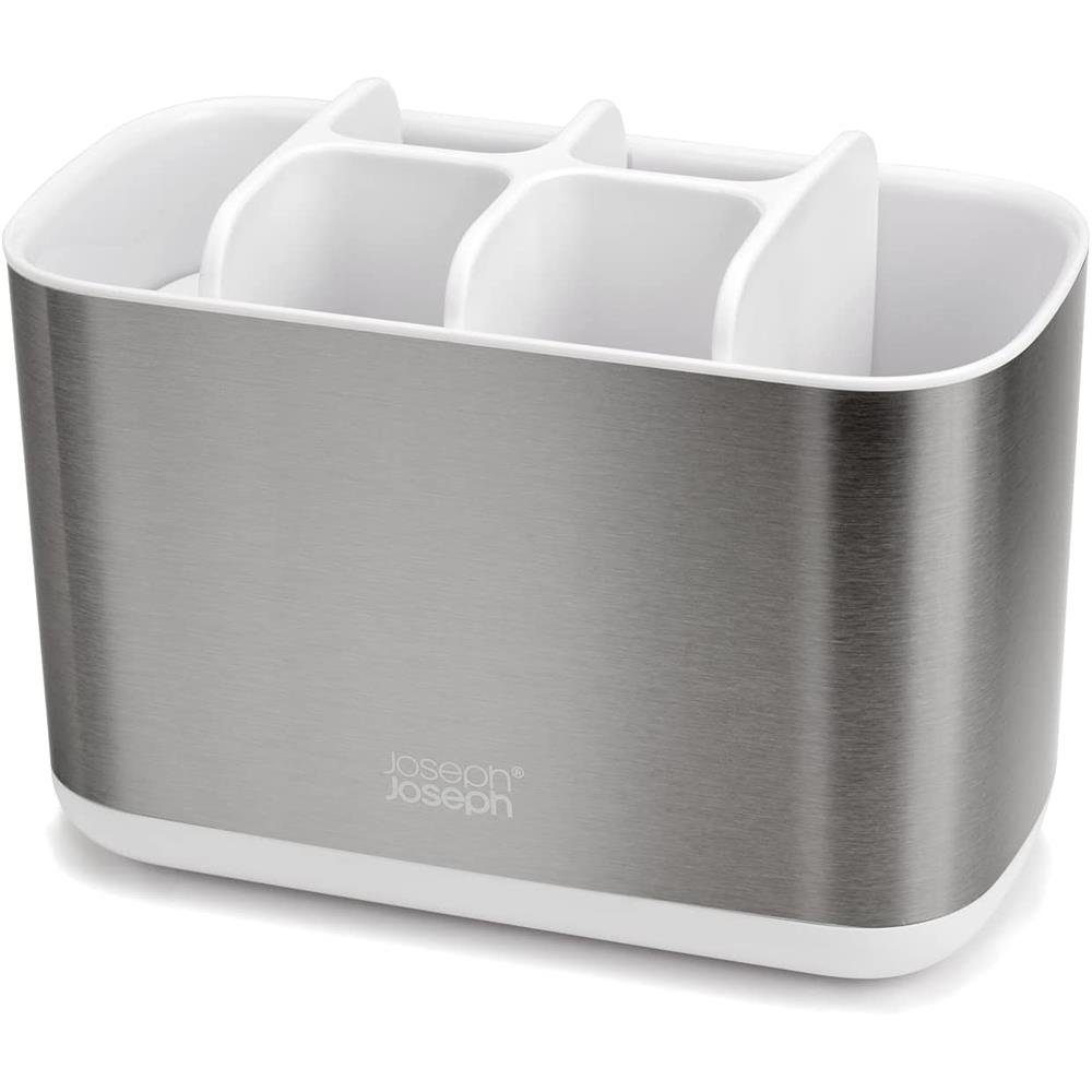 Joseph Joseph Zahnbürstenhalter EasyStore, 14 x 10 x 18 cm, aus Edelstahl, Zahnbürstenständer, Zahnbürsten-Ständer, Badaccessoires, für Zahnbürste, Zahnpastatube und Zahnseide, Silber / Weiß