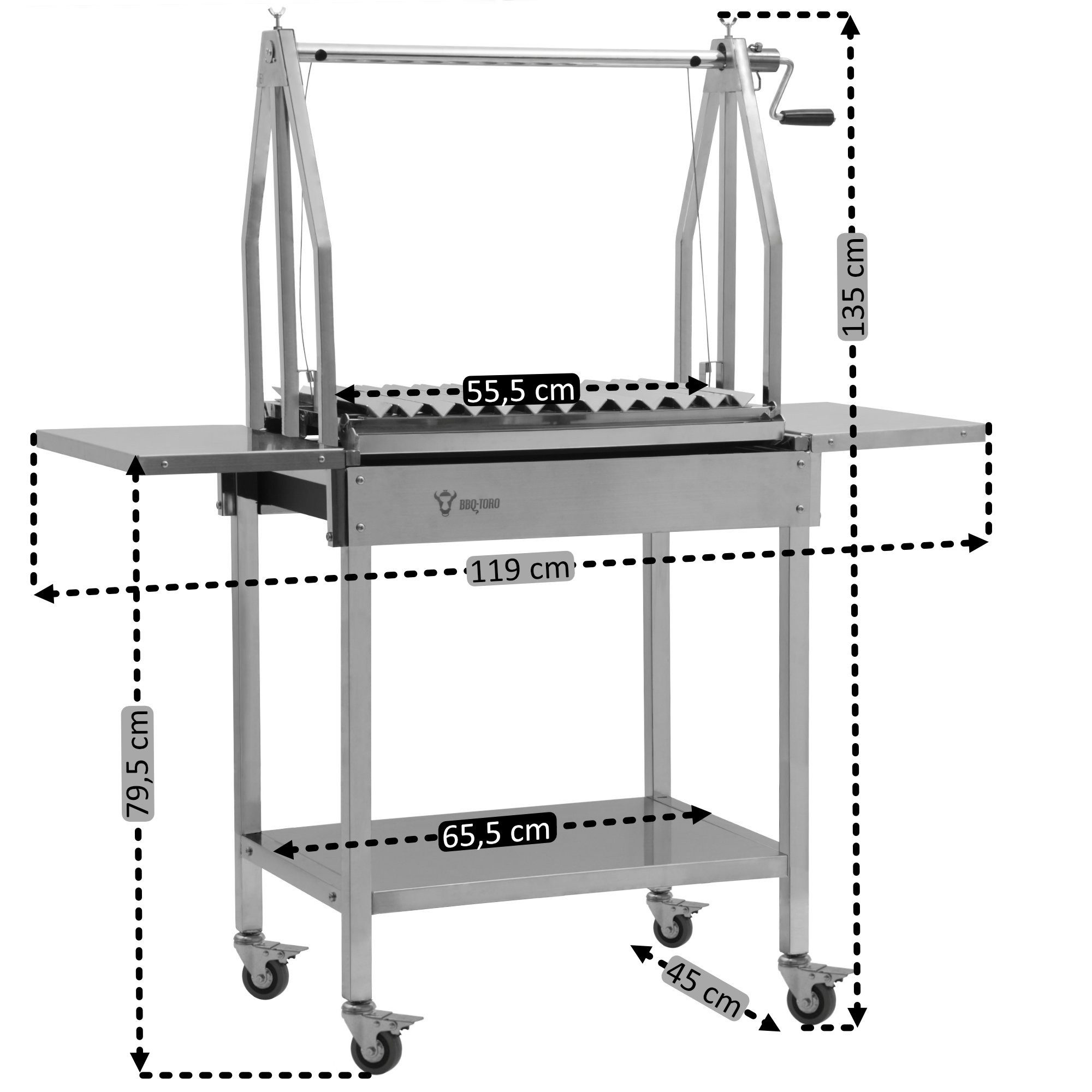 BBQ-Toro Holzkohlegrill Edelstahl Asado Grill, 119x45x135 cm, Argentinischer Holzkohlegrill, Stufenlos verstellbarer Grillrost