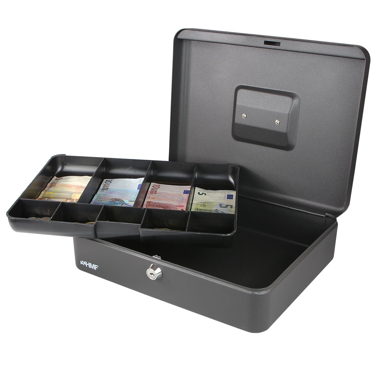 HMF Geldkassette und abschließbare Münzeinsatz Geldbox mit schwarz robuste Scheinfach, Bargeldkasse 30x24x9cm mit Schlüssel