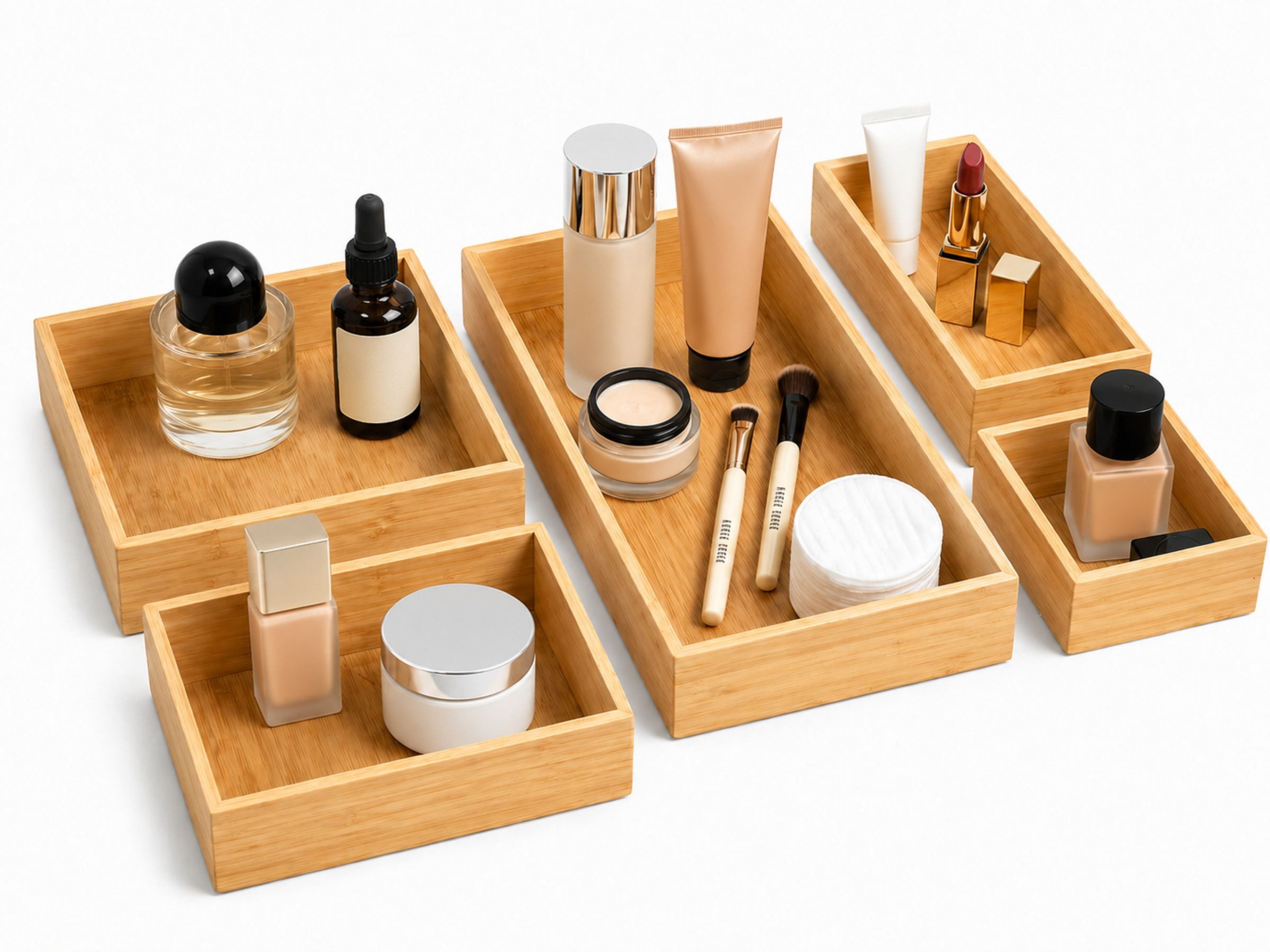 Sansibar Sylt Make-Up Organizer Bambus Kosmetik Organizer, Set, 5-tlg., 5-teiliges Organizer-Set, 5 Boxen in 4 Größen, rutschfeste Füße – Bild 2 von 2