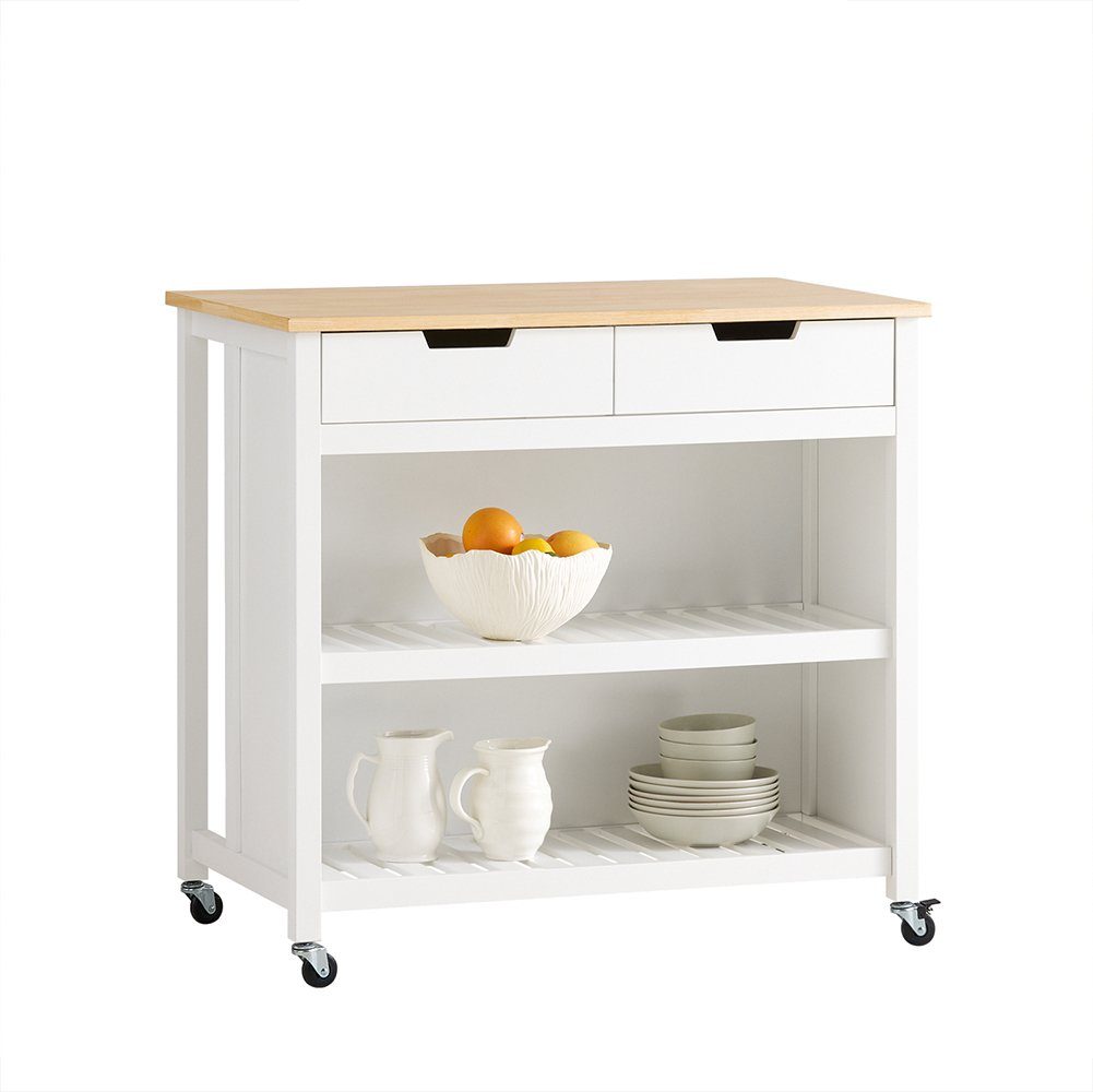 SoBuy Küchenwagen FKW74, Kücheninsel Sideboard Küchenschrank mit 2 Schubladen und Ablagen weiß-natur