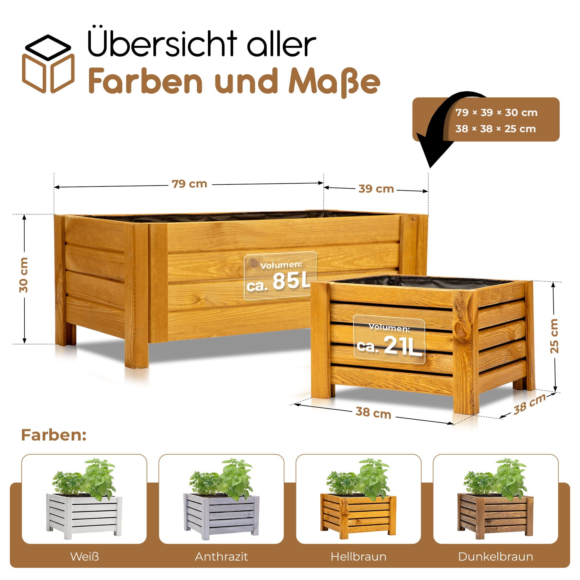 BooGardi Pflanzkübel Pflanzkasten Holz mit Vlies · 2 Größen & 4 Farben (1 St., Blumenkasten außen rechteckig · 79x39x30cm Hellbraun · groß), Blumenkübel für Balkon, Terrasse & Garten