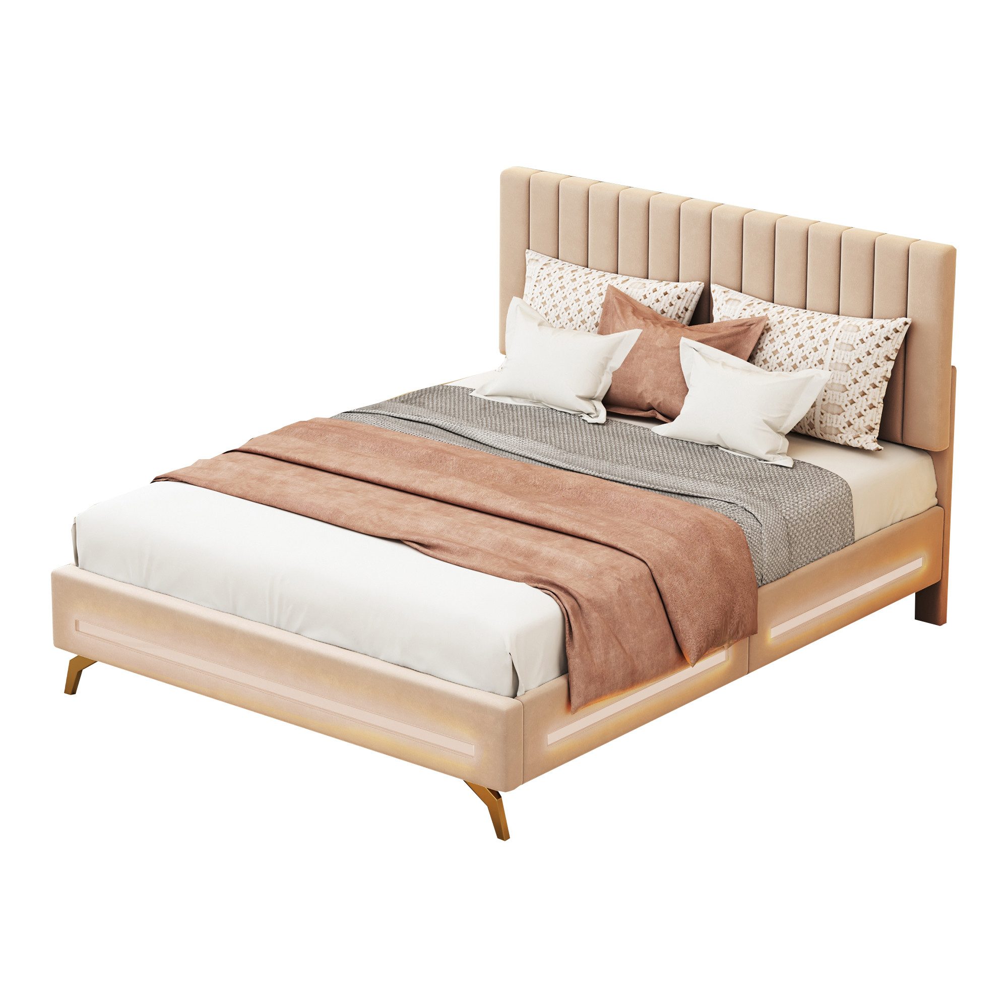 Flieks Polsterbett, LED Beleuchtung Doppelbett mit verstellbarem Kopfteil 140x200cm Samt