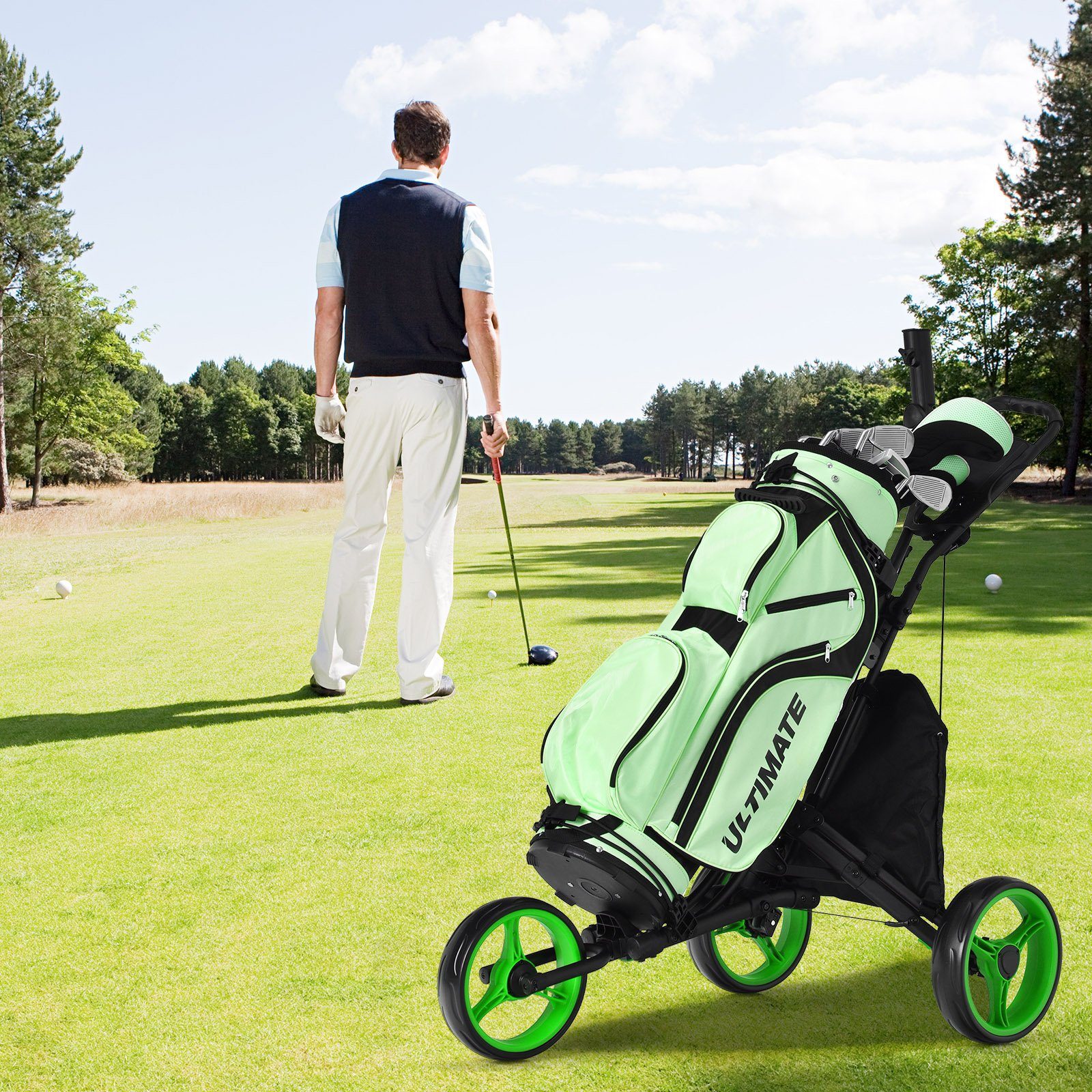 Golftrolley mit Griff, Tasche verstellbarem 3-Rad, grün COSTWAY