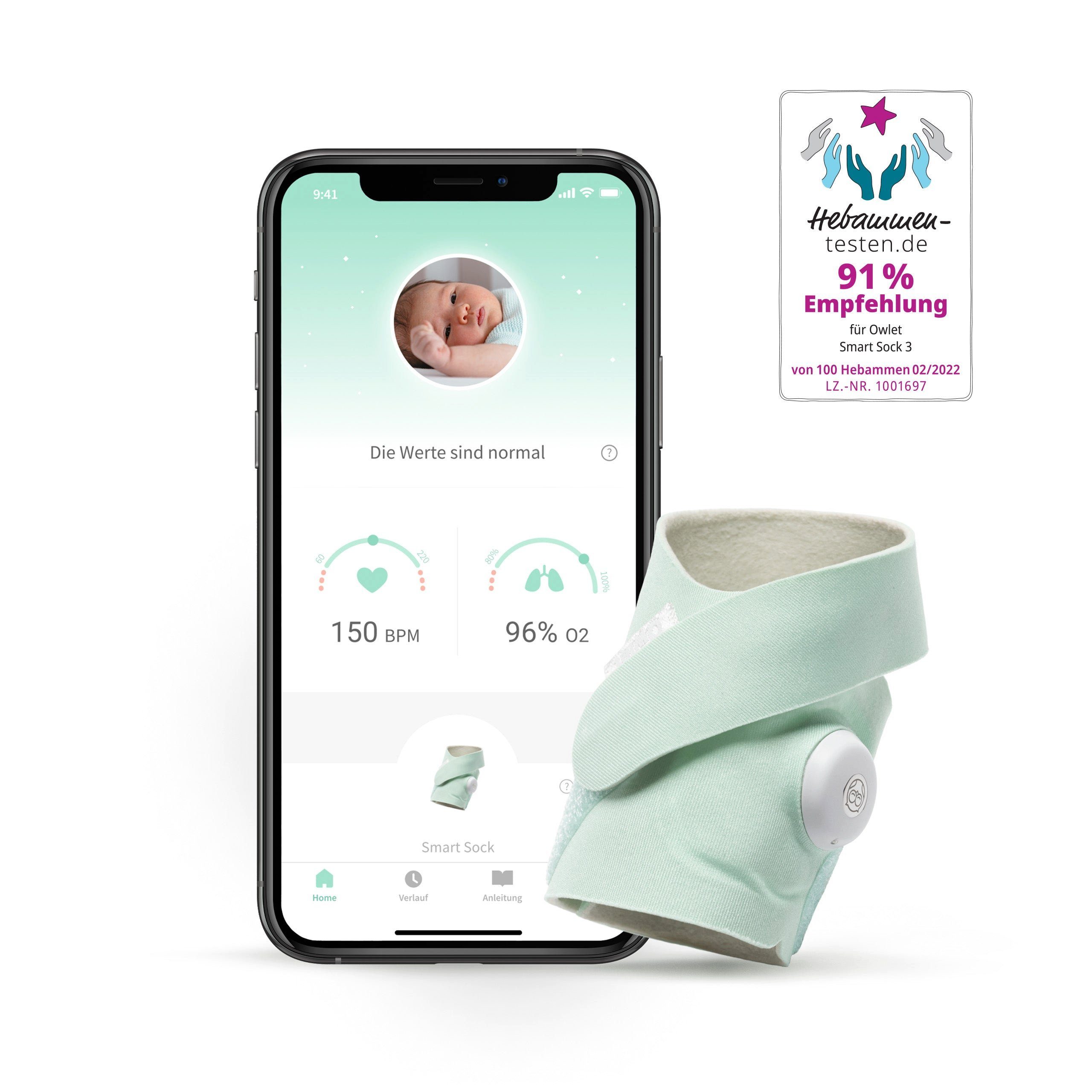 Herzfrequenz 3 via App Original-Mintgrün Schlaf und Tracking Smart Owlet Sock Smart - DE Baby Babyphone, von Sock, Care