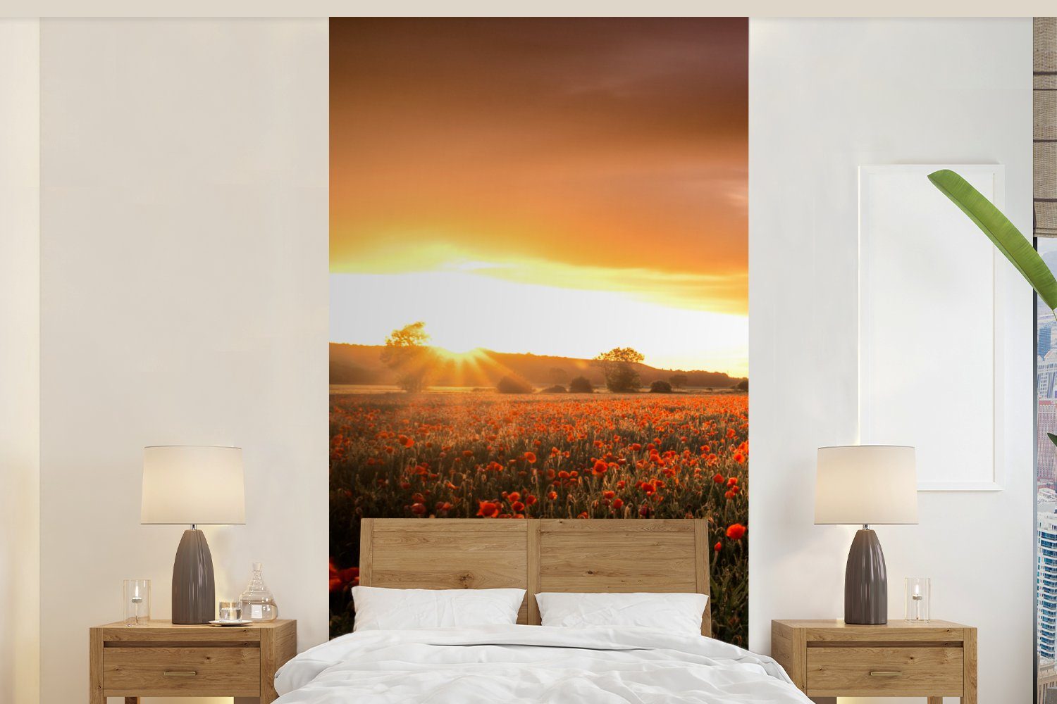 MuchoWow Fototapete Sonnenuntergang über den Mohnblumen in England, Matt, bedruckt, (2 St), Vliestapete für Wohnzimmer Schlafzimmer Küche, Fototapete | Fototapeten