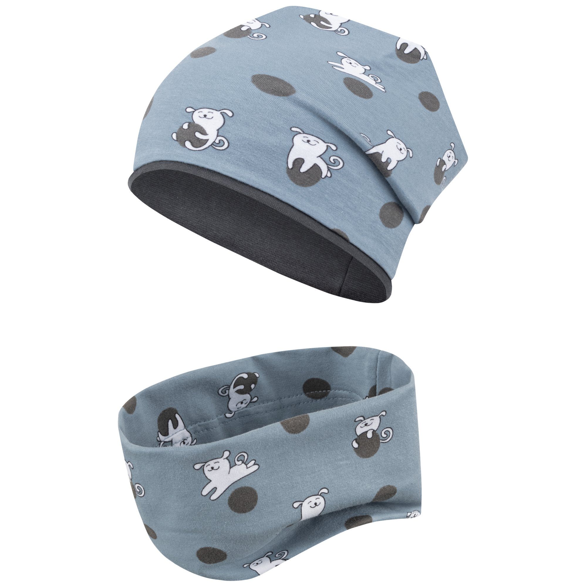 Stoffmütze Schal Blau-Hunde mit Loop Mütze gefüttert Beanie Übergangsmütze F.P.H. & Mädchenmütze Schlauchschal Maja Baumwolle