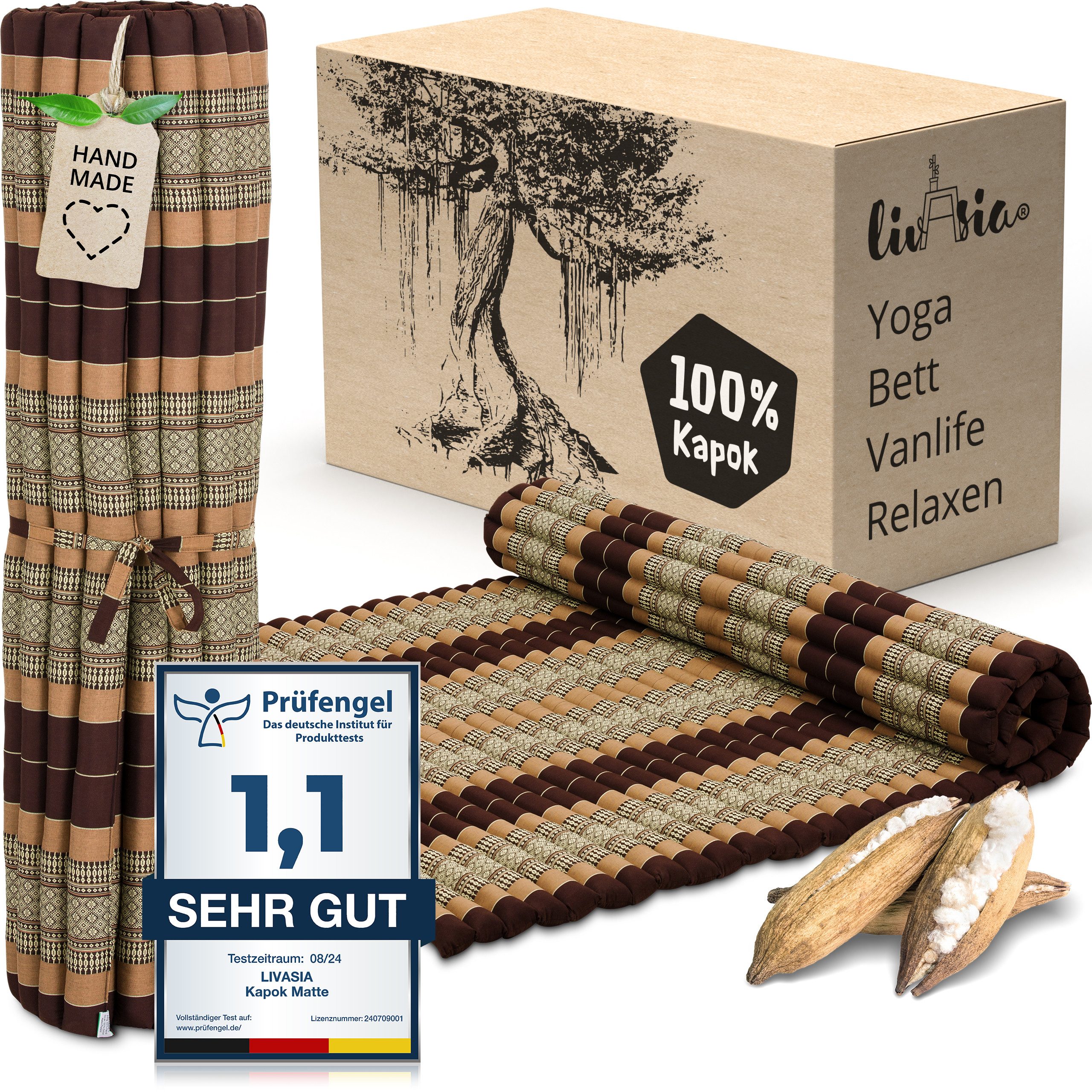 Reisebett-Matratzen Rollmatte 145 cm breit, vegan und handgefertigt, 205x145x4,5cm, livasia, 4.5 cm hoch, Kapok