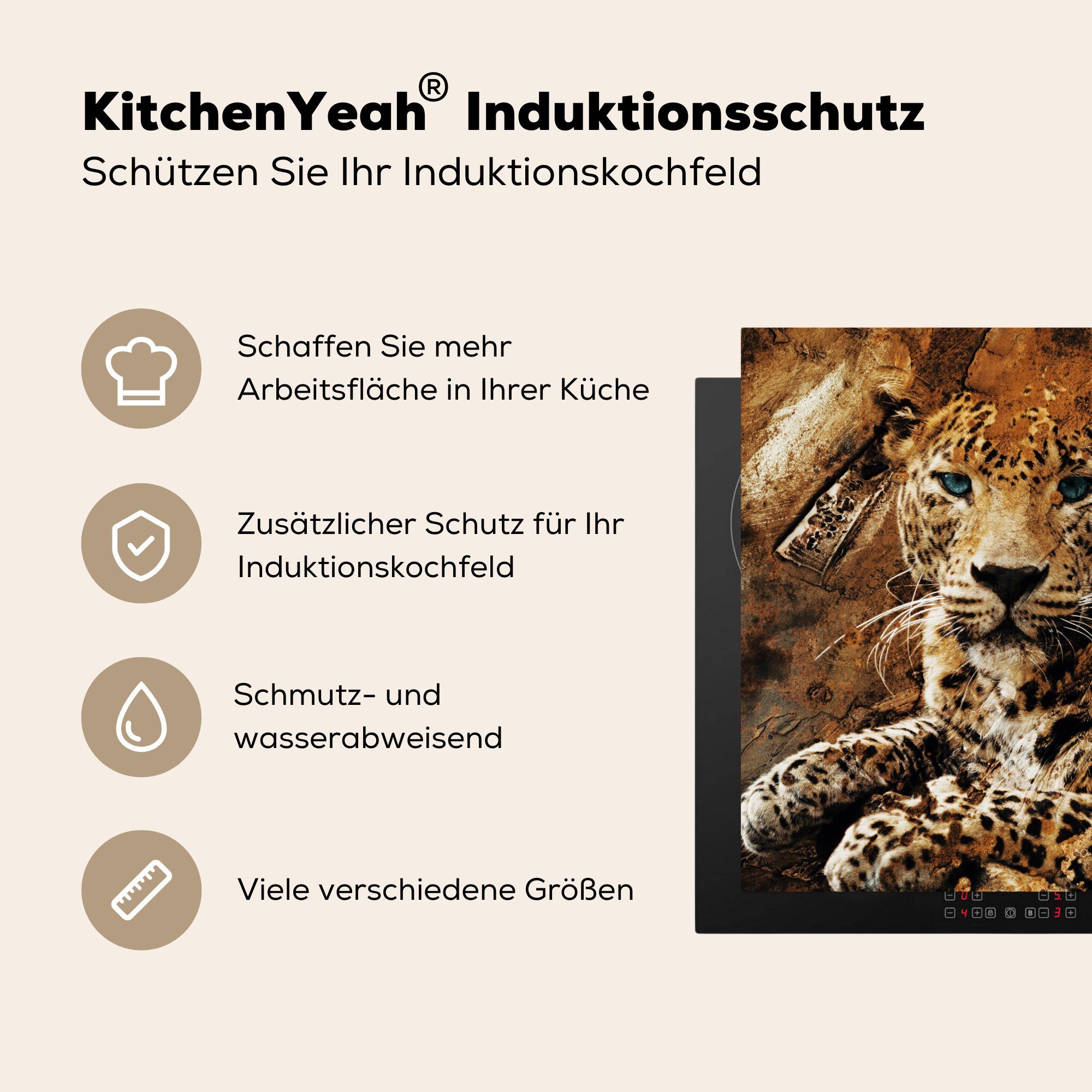 küche tlg), (1 Arbeitsplatte MuchoWow 78x78 Wild, - Herdblende-/Abdeckplatte - Tiere cm, Ceranfeldabdeckung, für Leopard Vinyl,
