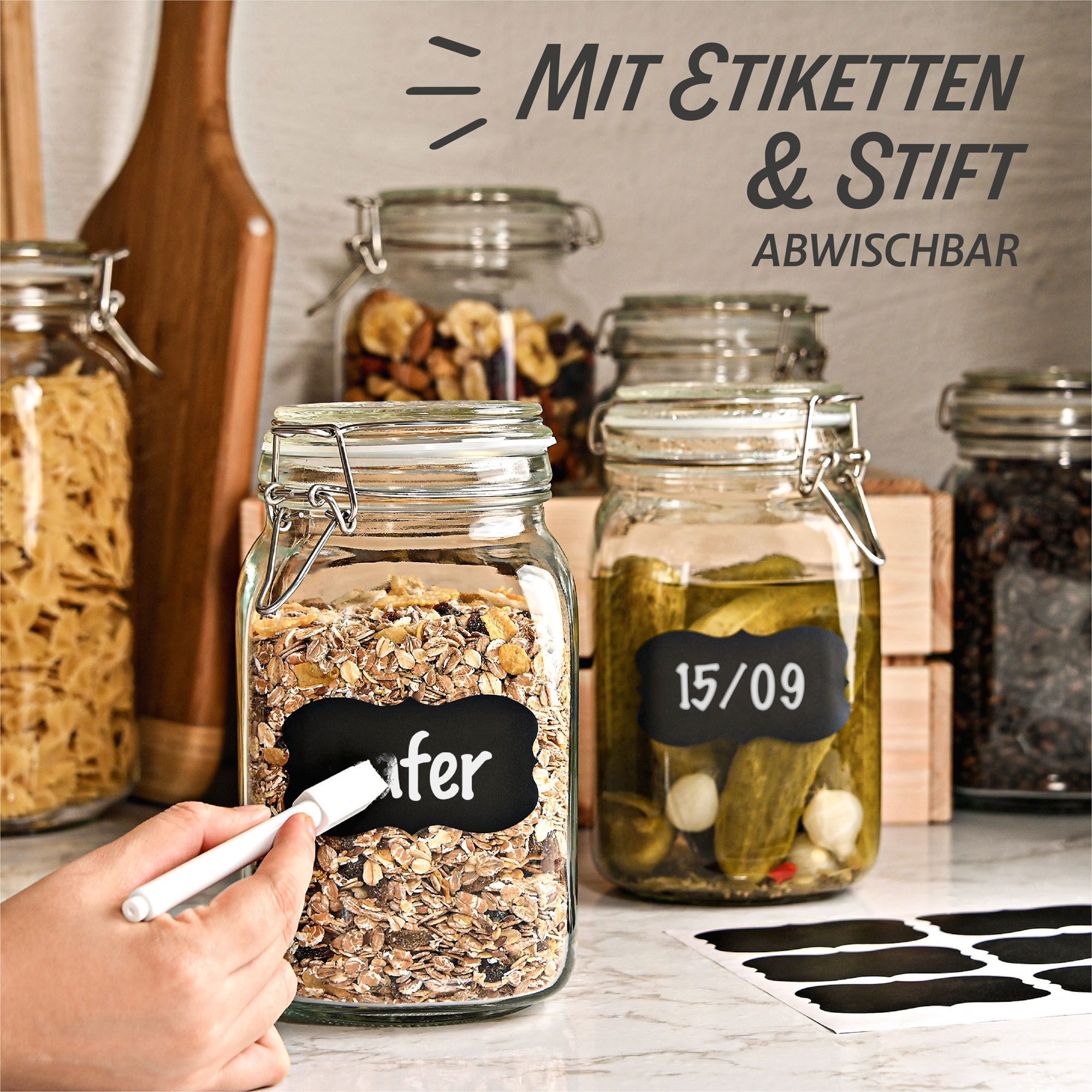 Praknu Vorratsglas 4 Einmachgläser mit Bügelverschluss 1,5l - Mit Etiketten, Stift und, Glas, (Set, 4-tlg., 4 Einmachgläser 1500 ml, Bügelverschluss, Etiketten, – Bild 4 von 5