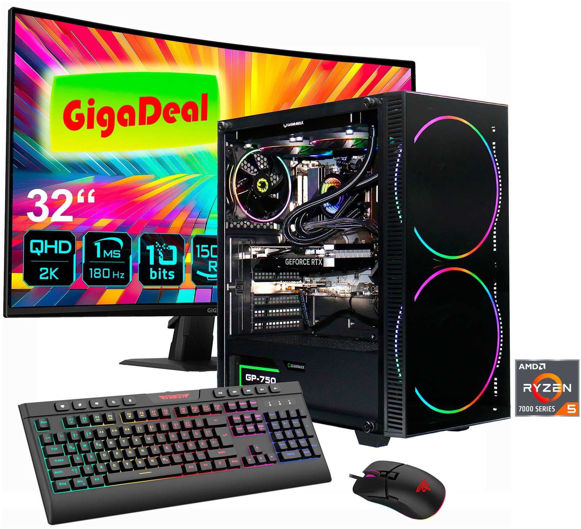 GAMEMAX GigaDeal Black Hole 2812 AMD Ryzen 5 7500F 32GB DDR5 1TB SSD RTX 5070 Gaming-PC-Komplettsystem (32", AMD Ryzen 5 7500F, RTX 5070, 32 GB RAM, 1000 GB SSD, Windows 11, DDR5 RAM + Gigabyte GS32QCA LED-Monitor Curved, 80 cm 32)