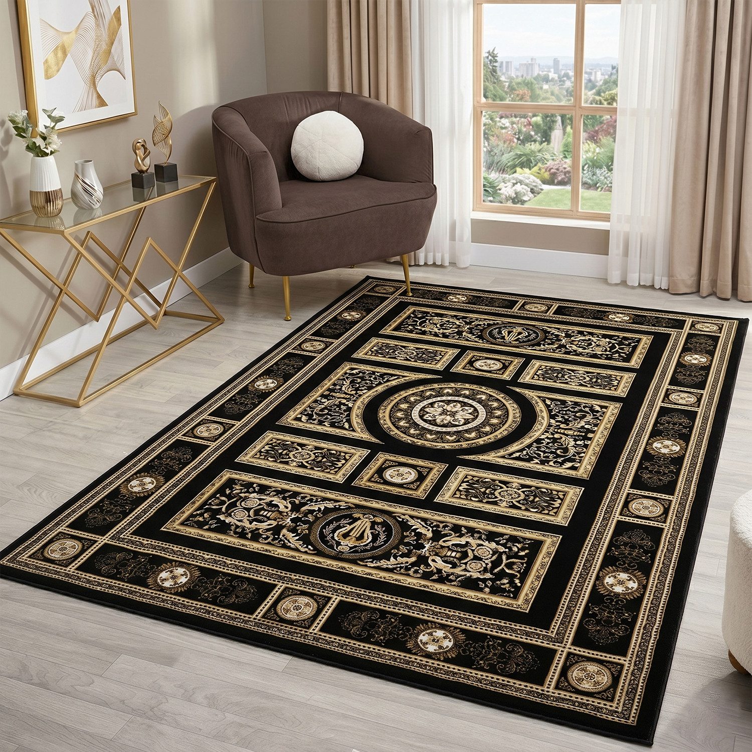 Vimoda Orientteppich Kurzflor Schwarz & Gold, Wohnzimmerteppich mit Ornament Muster, Rechteckig, Höhe: 8 mm, Bordüre, pflegeleichter Wohnzimmerteppich, schlafzimmer