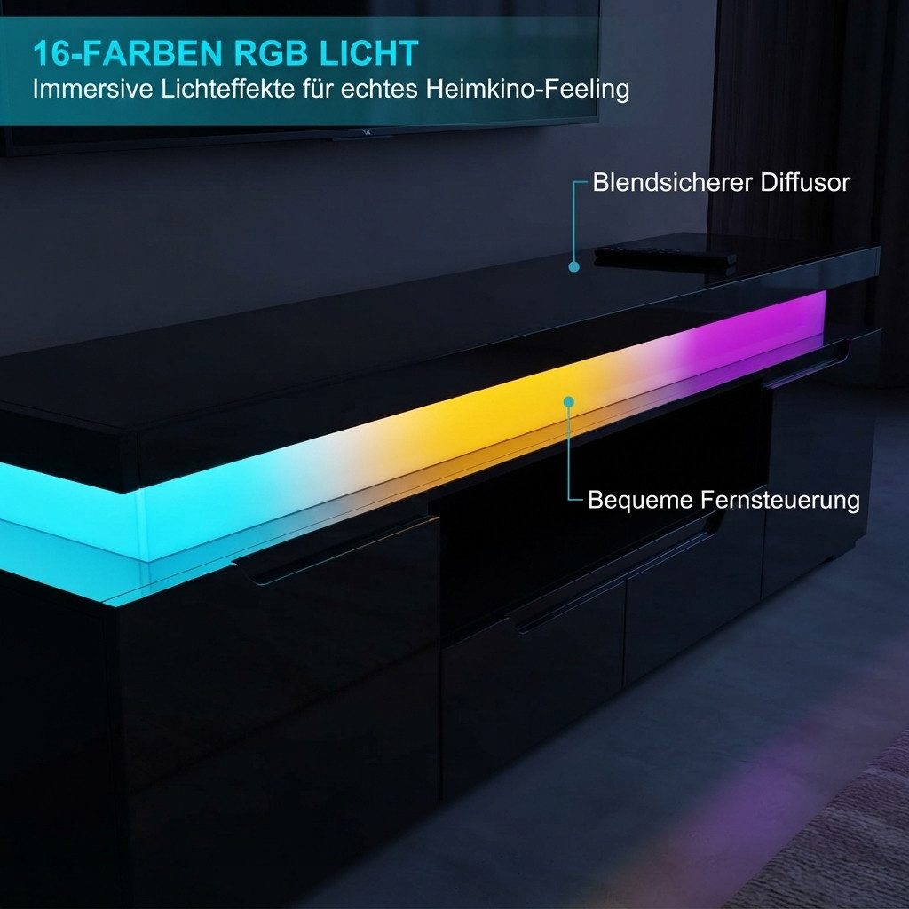 PXloue TV-Schrank in wohnzimmerd TV-Lowboard mit LED-Beleuchtung und Steckdosen Mit 2 Türen, Regalen und viel Stauraum 180 x 35 x 52 cm – Bild 3 von 5