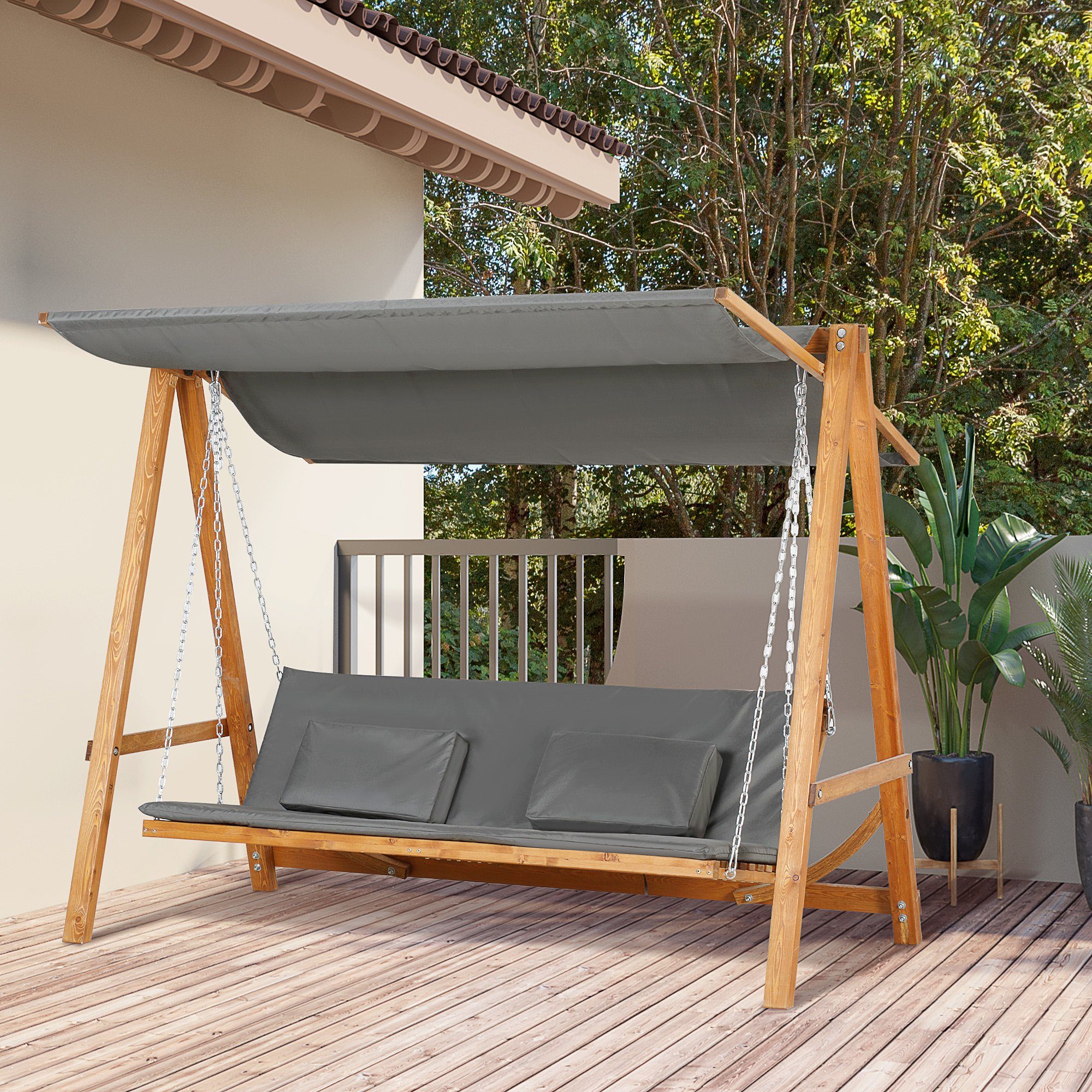 Outsunny Hollywoodschaukel Mit Bettfunktion 3-Sitzer mit Dach, 3-Sitzer, Bettfunktion, Hollywoodschaukel, 1 tlg., Hollywoodschaukel, für Garten, Grau