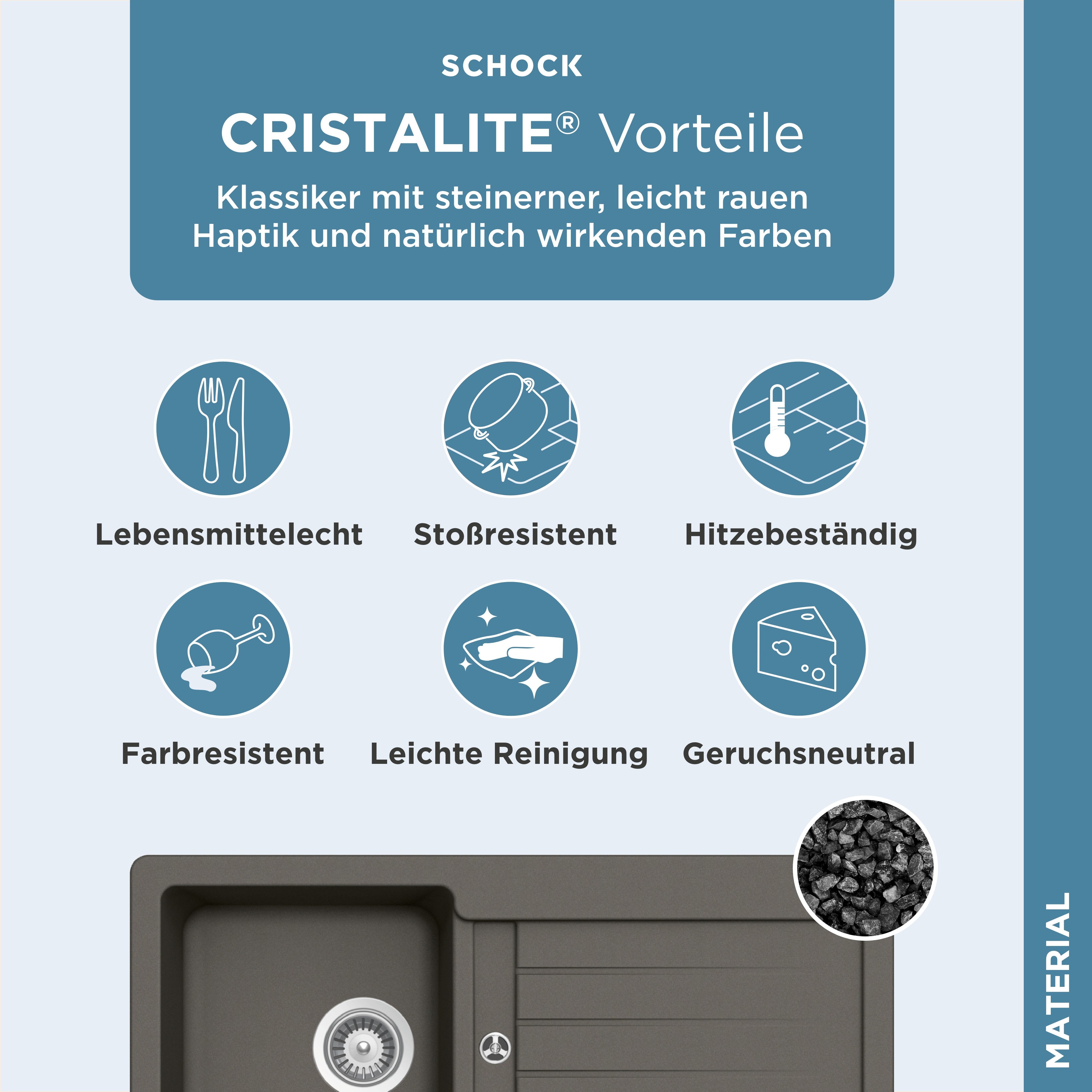 Schock Granitspüle Typos D-100 S, rechteckig, 86/43,5 cm, mit Ablauf und Abtropffläche, links und rechts einbaubar