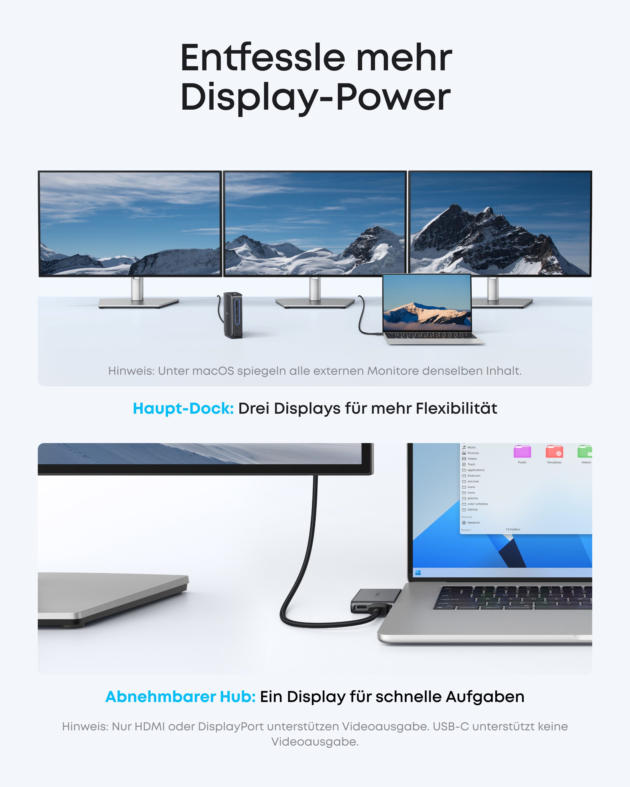 Anker Laptop-Dockingstation Anker Nano Laptop Dock, Integrierter Hub, 13-in-1 USB-C Triple-Display, (13-in-1 Dockingstation, 6-in-1 abnehmbarer Hub, 1m USB-C Kabel), Max. 100W Power Delivery, max. 10 Gbps Datenübertragung