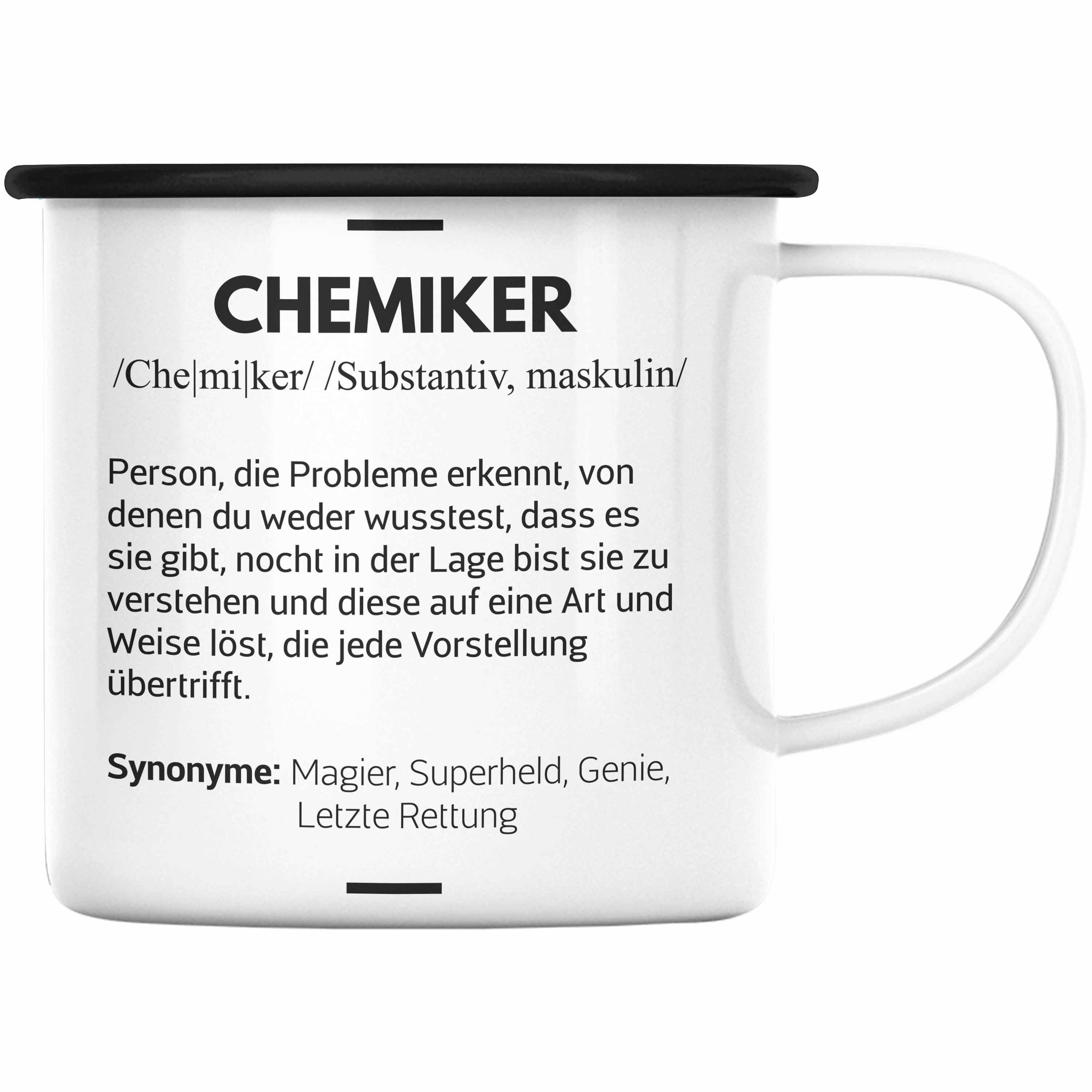 Trendation Thermotasse Trendation - Chemiker Geschenke Emaille Tassen Emaille Tasse Chemielaborant Chemie Geschenk Chemielabor Gadget Geschenkidee Lustig Schwarz