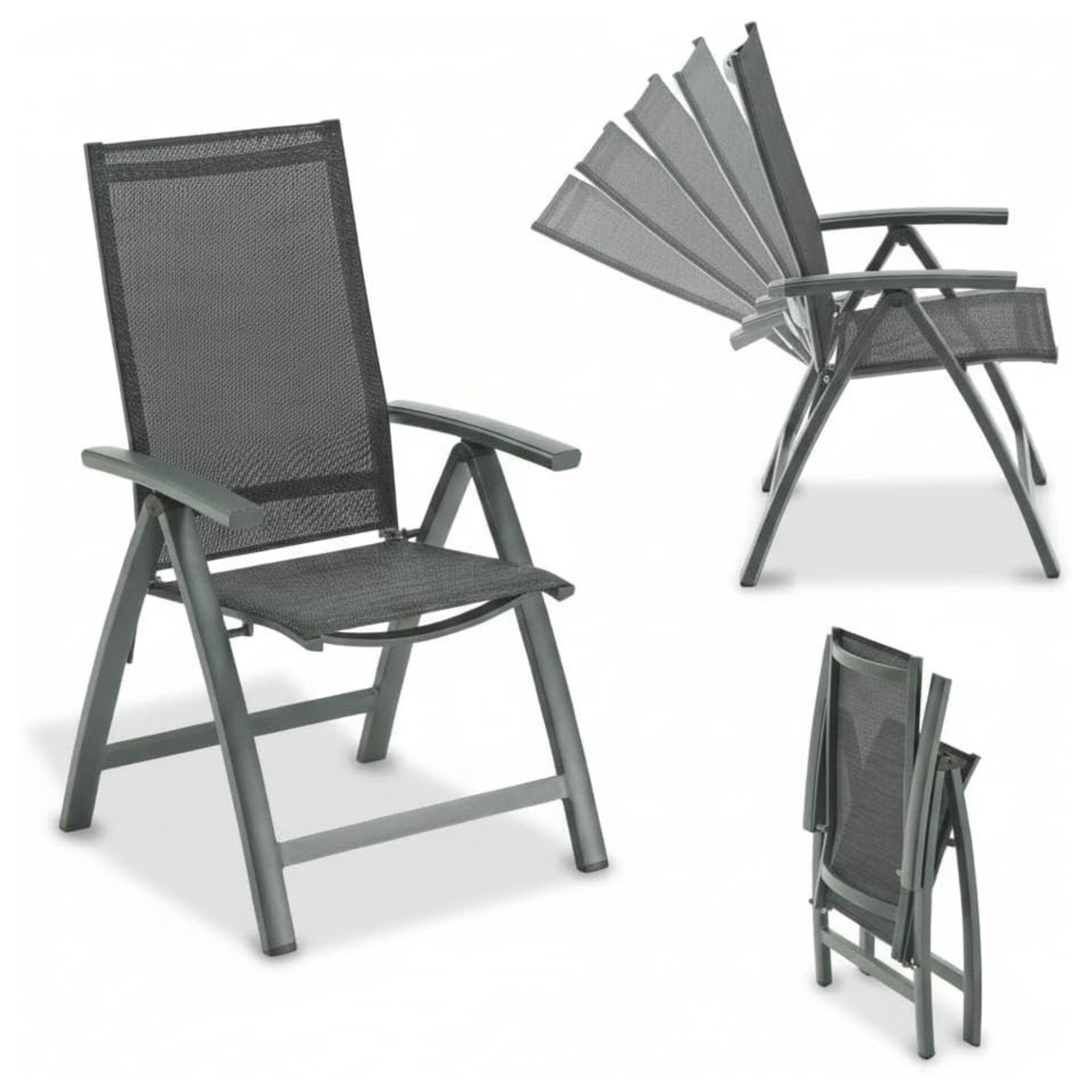 Liadomo Gartenstuhl Ricadi, klappbarer Hochlehner, Gartensessel zum Verstellen (stabiler Multipositionssessel), Klappsessel, verstellbare Rückenlehne, Aluminium, Textilgewebe