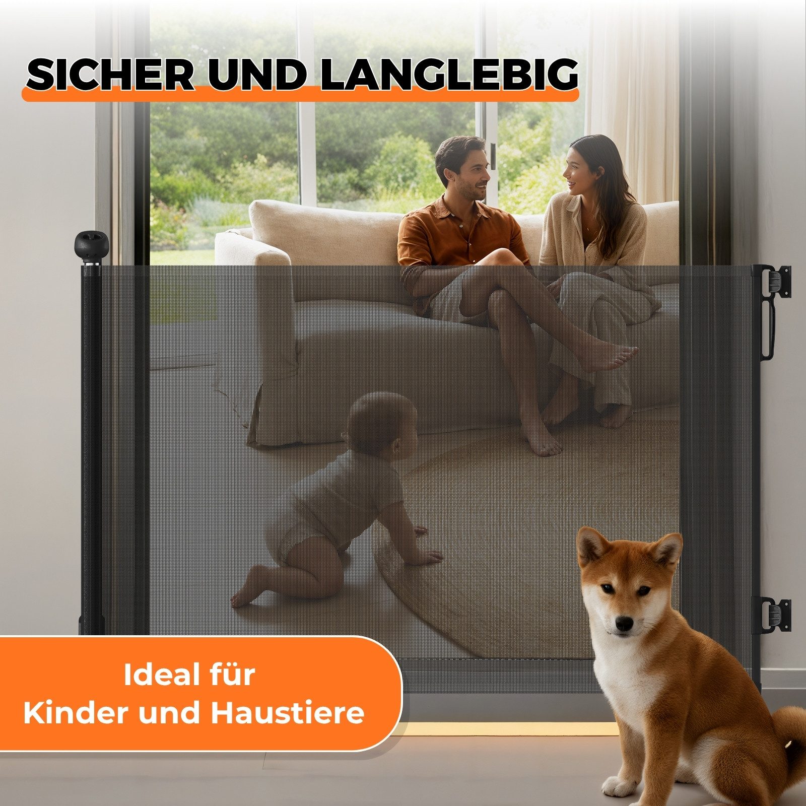 Allyson Treppenschutzgitter Türschutzgitter Ausziehbar, Tür & Treppengitter für Kinder & Haustiere (Inklusive Befestigungsmaterial für zwei unterschiedliche Positionen), Platzsparend ausziehbar bis 140cm, robustes PVC-Netz für Kind & Hund