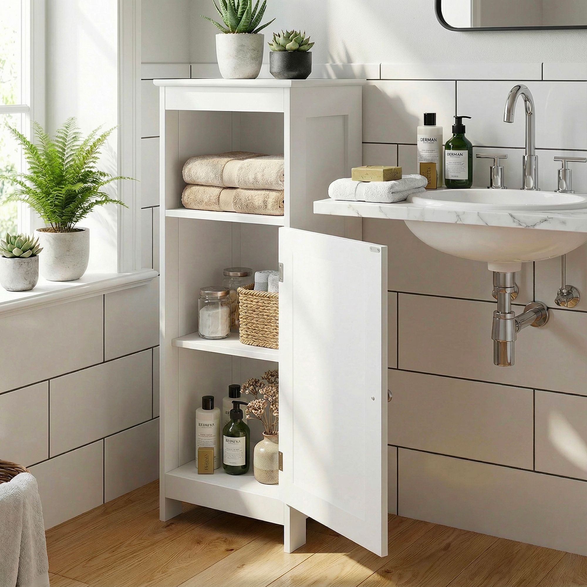 FineBuy Badschrank 80 x 30 x 28 cm Weiß - Schmaler Badezimmerschrank Tür & Ablage Aufbewahrungsschrank Badezimmer Nischenschrank Bad Badezimmerregal – Bild 2 von 5