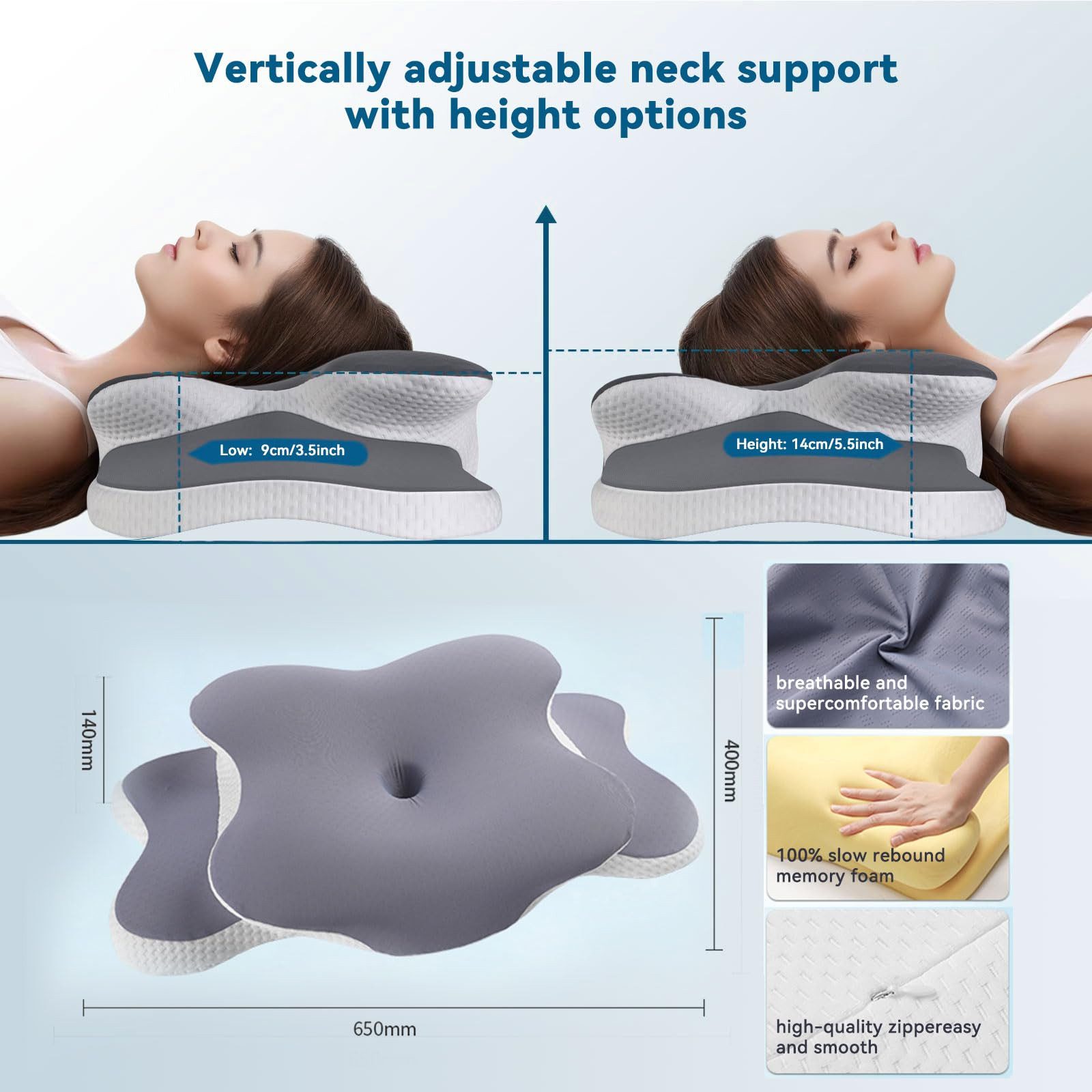 SURFOU Kopfkissen Seitenschläferkissen, Nackenstützkissen, Orthopädisches kissen, Füllung: Memory-Foam, Seitenschläfer, Bauchschläfer, Rückenschläfer, bequemes  – Bild 3 von 5