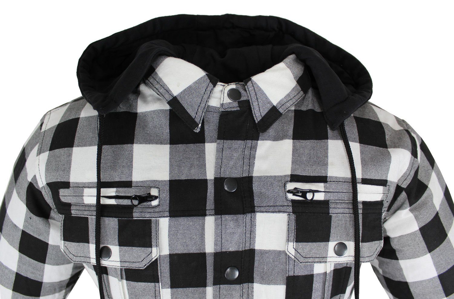 Alpha Speeds Motorradjacke Flanell-Holzfäller Motorrad KEV ARAMID Lumber Biker Hemd PRO Weiß (Wasserdicht & Winddicht & Atmungsaktiv + wasserdichte Reißverschlüsse) mit abnehmbare Kapuze & Innenjacke, All Season, inklusive Protektoren