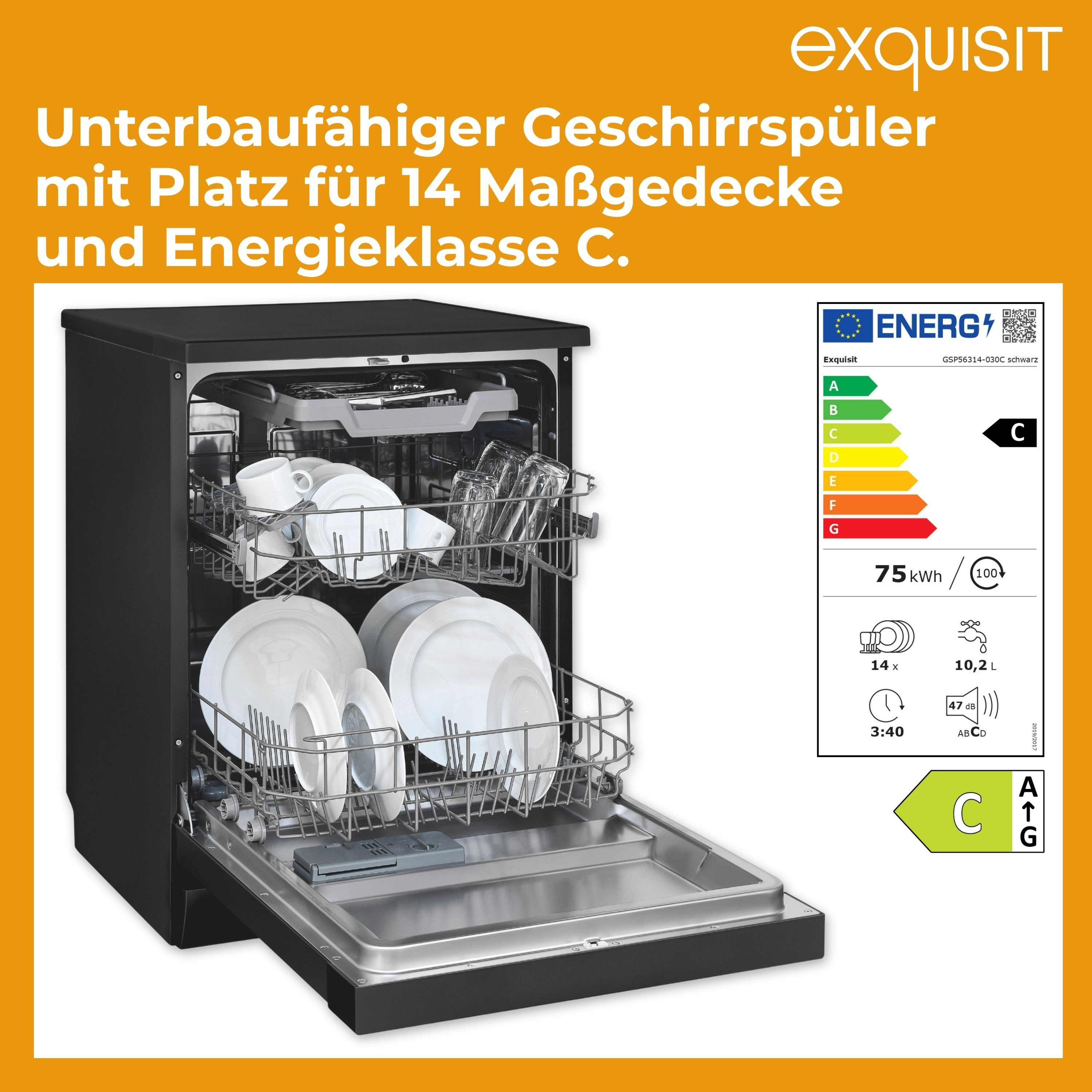exquisit Standgeschirrspüler PRO GSP56314-030C, 14 Maßgedecke, 14 Maßgedecke, Automatische Türöffnung, Oberkorb verstellbar
