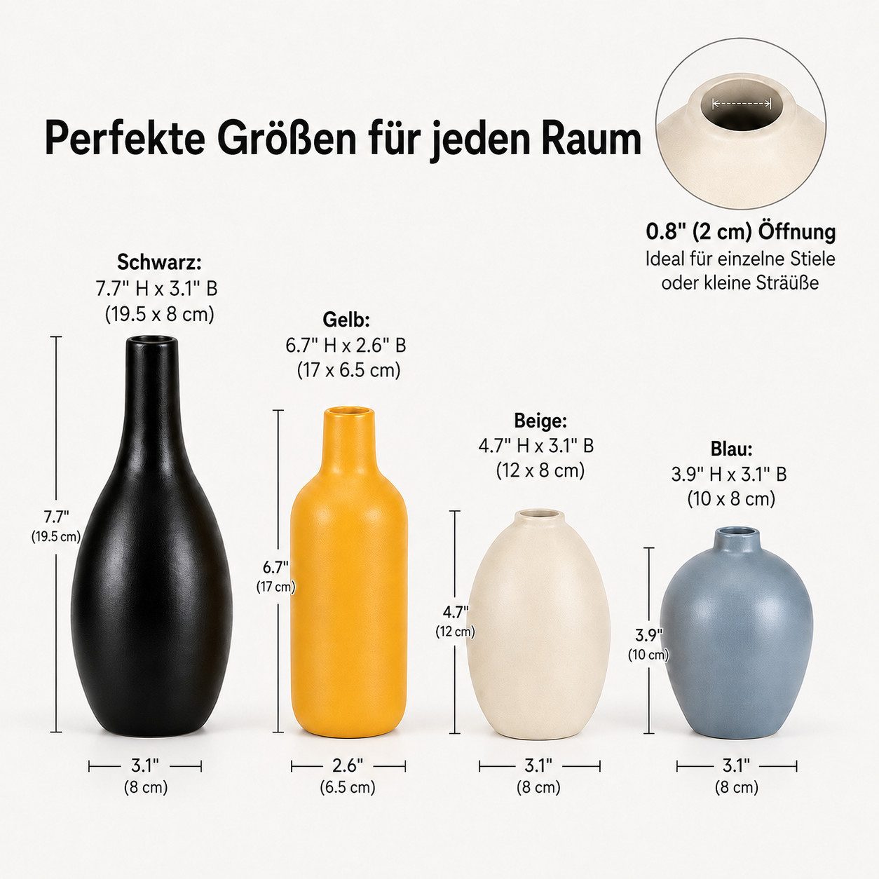 BlingBin Tischvase Keramikvase, kleine Vasen für getrocknete Blumen und Pampasgras (4er-Set, 4 St., Schwarze: 19,5×8 cm;Gelbe: 17×6,5 cm;Beige: 12×8 cm;Hellblaue: 10×8 cm), Dekovasen für Trockenblumen, Wohnzimmer, Regal und Tischdeko