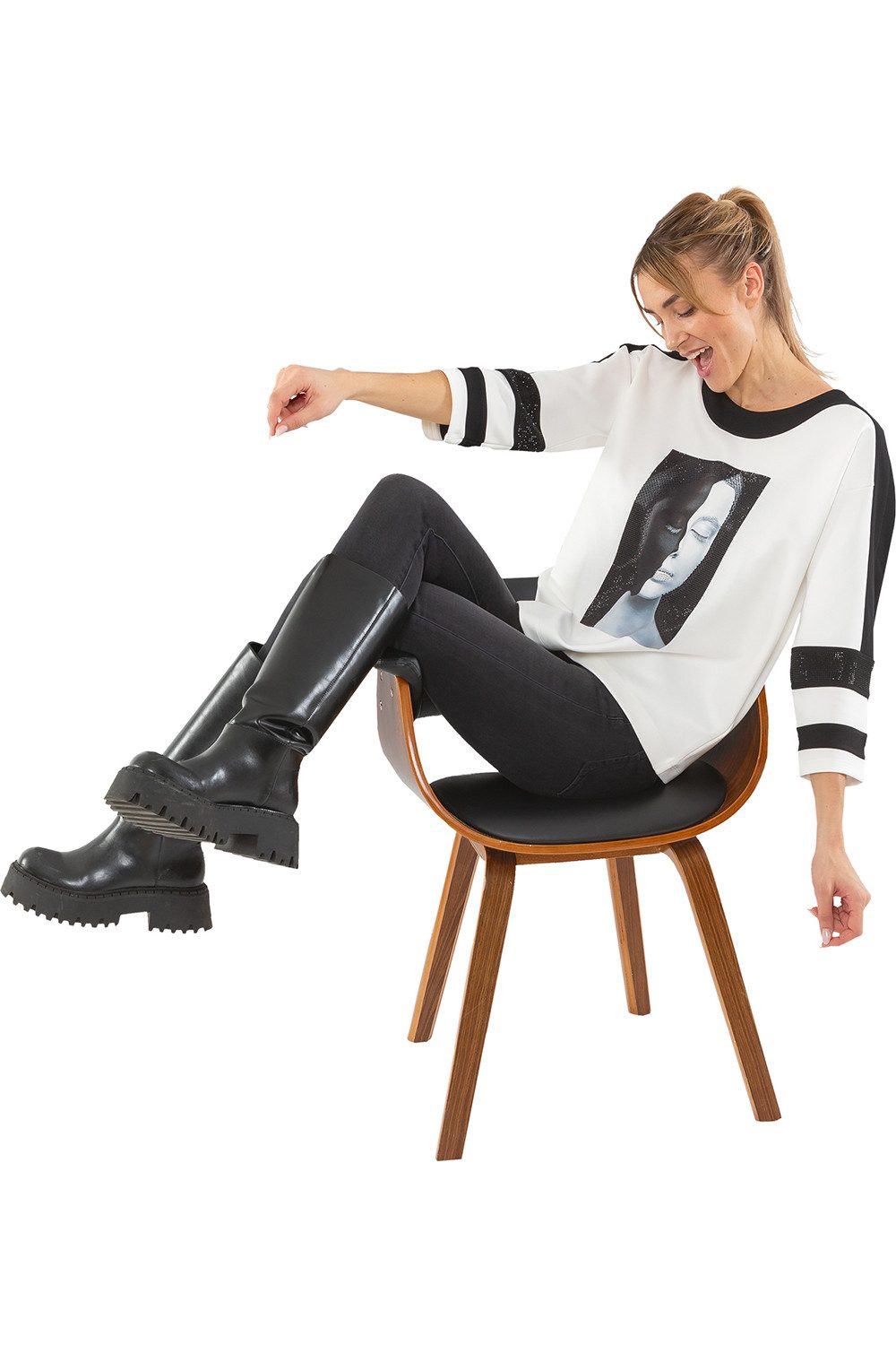 Estefania for woman 3/4 Arm-Pullover 193-7201, "Jing Jang" mit Strassbesatz günstig online kaufen