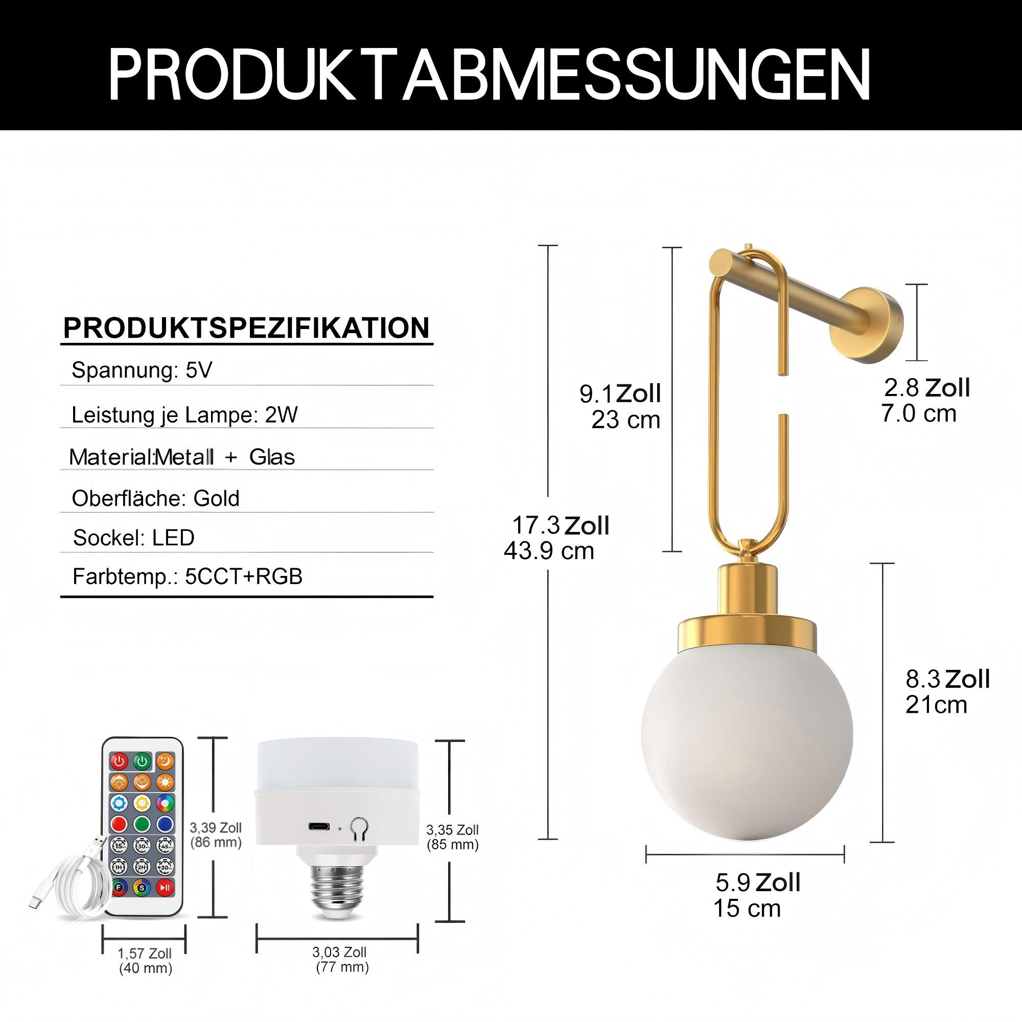 LOHAS-LED Wandleuchte 2er‑Set kabellose Wandlampen mit RGBCW‑Aufladbarer E26‑Glühbirne, LED wechselbar, RGBCW, Stufenlose Dimmung, Fernbedienung & Nachtlichtfunktion