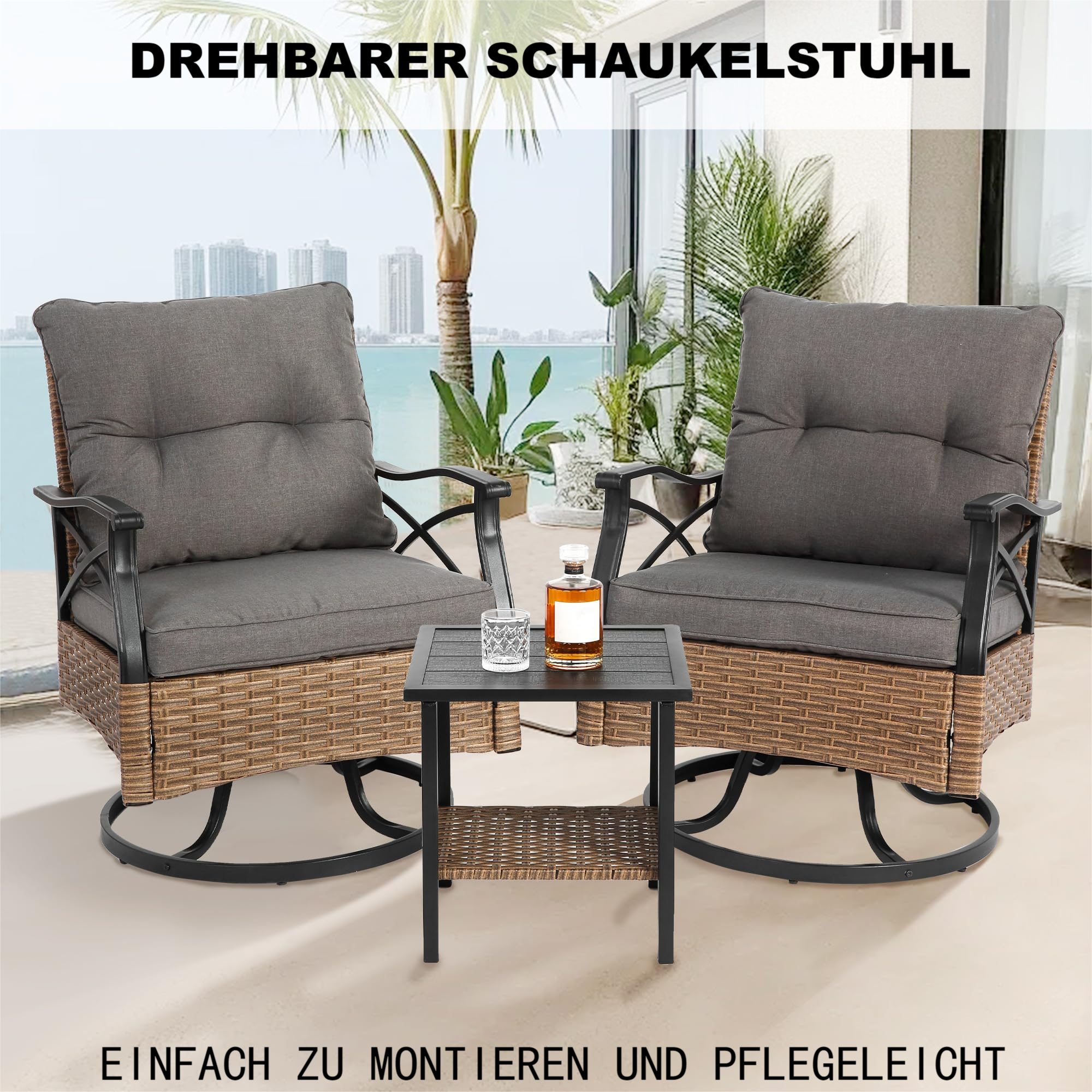 LVHOM Balkonset Outdoor-Loungeset, PE-Rattan Schaukelstuhl, (360° Swivel schwenkbar, 3-tlg. wetterfest, Gartenlounge-Set, Gartenbar-Set, Polstergarnitur, Schaukelsessel, 2 Sessel + Tisch, 150 kg Tragkraft, Grau), Ergonomische Sitzschalen, Schnell trocknende Polster