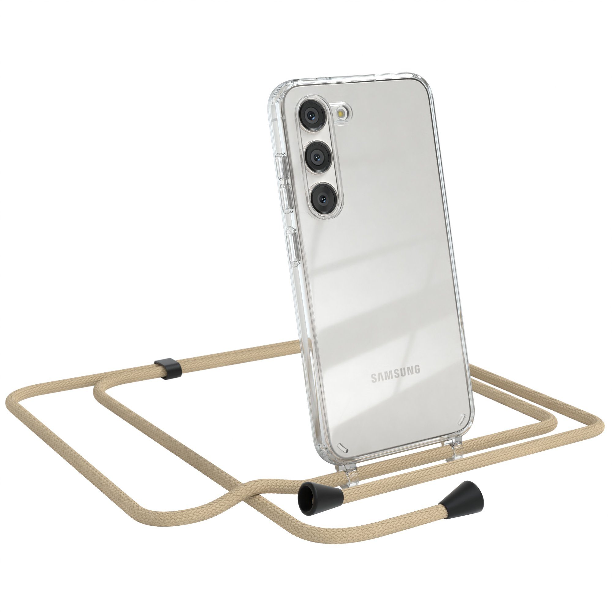 EAZY CASE Handykette Clips Schwarz für Samsung Galaxy S23 6,1 Zoll, Handykordel Umhängetasche für Handy Hülle durchsichtig Beige Taupe