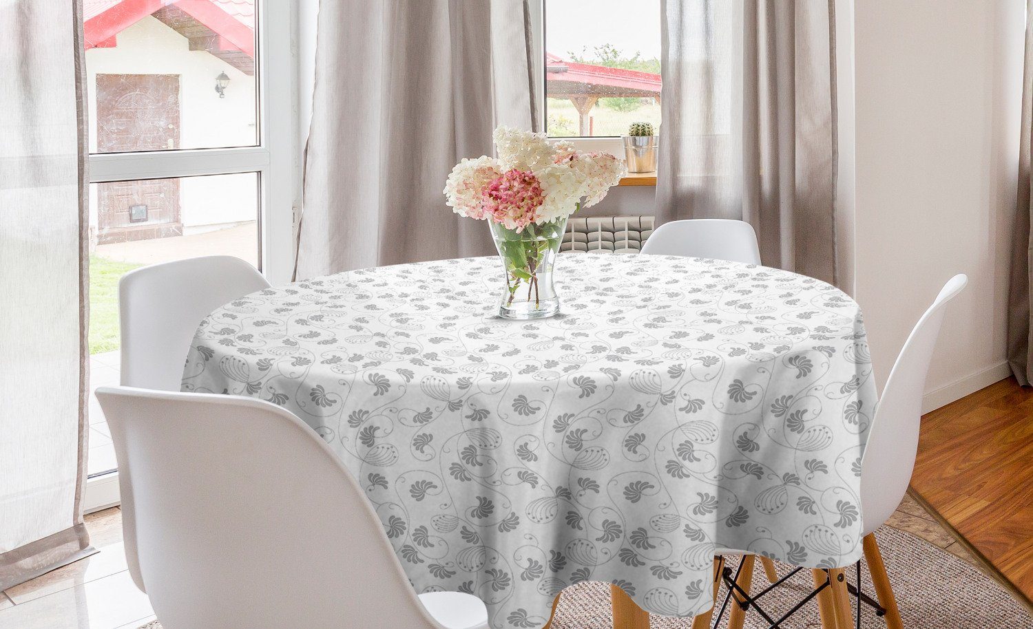 Tischdecke Abdeckung Grau Esszimmer Tischdecke Klassische Blumen Abakuhaus Kreis für Weiß und Dekoration, Küche