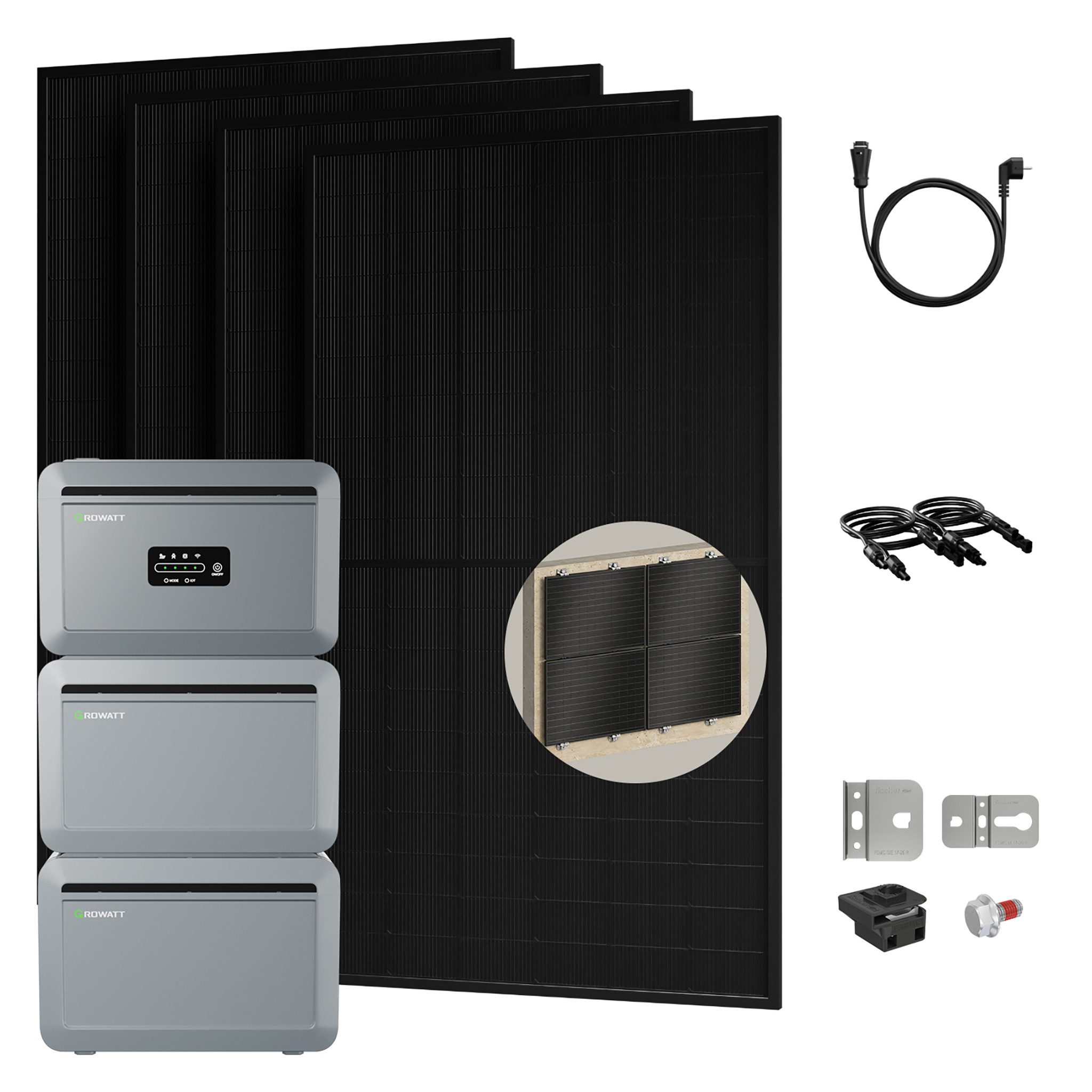 Growatt Balkonkraftwerk 2000W PV-Komplettset mit Growatt NEXA 2000 2048Wh Speicher, (inkl. 4×500W Solarmodulen und Fischer Fassadenhalterung, 1-2x Erweiterbarer Solarspeicher für mehr Eigenverbrauch (Optional), WiFi & Bluetooth-Unterstützung