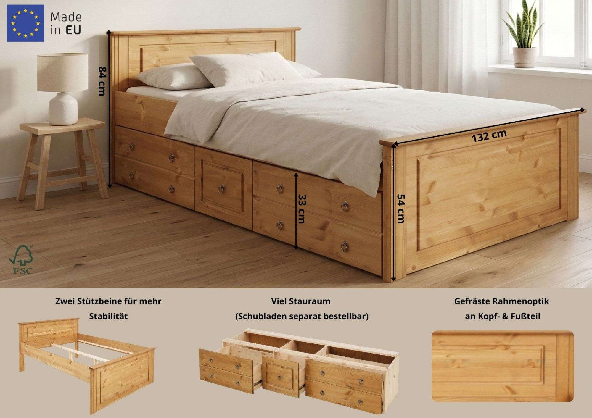 OTTO home Massivholzbett Hugo, FSC® zertifiziert, Landhausstil, zeitlos und edel (auch als Super Sparset inklusive Schubkästen), Stauraumbett, extra belastbar, Made in EU, viele Breiten