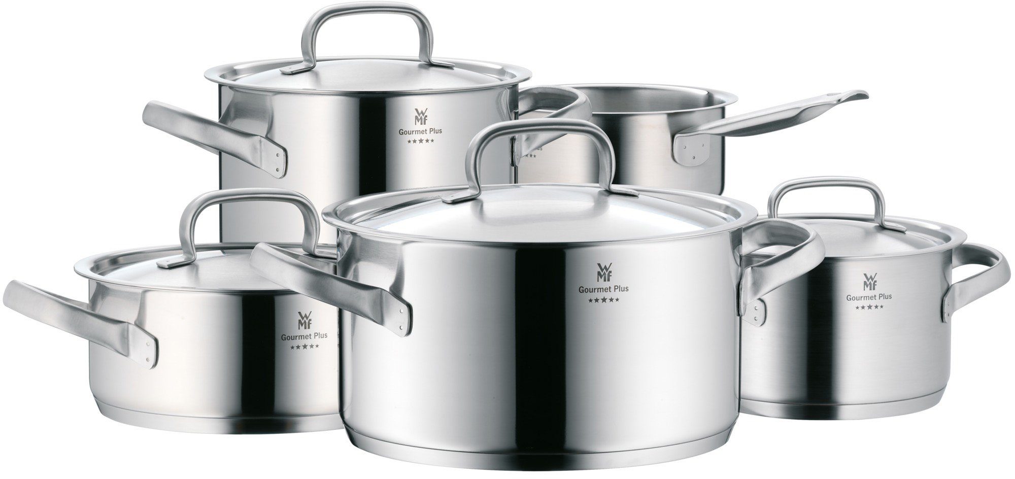 WMF Topf-Set Gourmet Plus, Induktions Töpfe Set unbeschichtet mit Metalldeckel, Cromargan® Edelstahl Rostfrei 18/10 (Set, 5-tlg., 1 Bratentopf Ø 20 cm, Fleischtopf Ø 16/20/24 cm, Kasserolle Ø 16 cm), Innenskalierung, spülmaschinengeeignet, für alle Herdarten geeignet