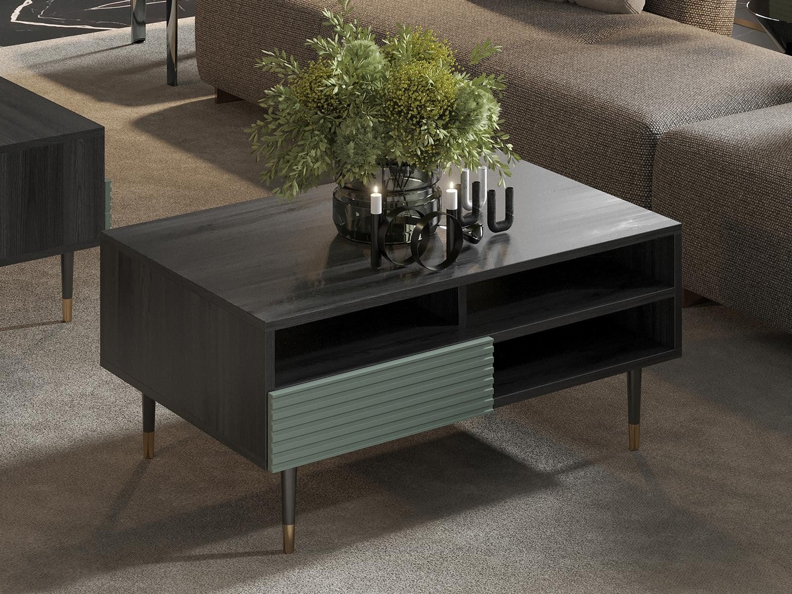 Compleo Couchtisch mit Schublade, Lamellen-optik, Farbe: grün/schwarz DESIGNO