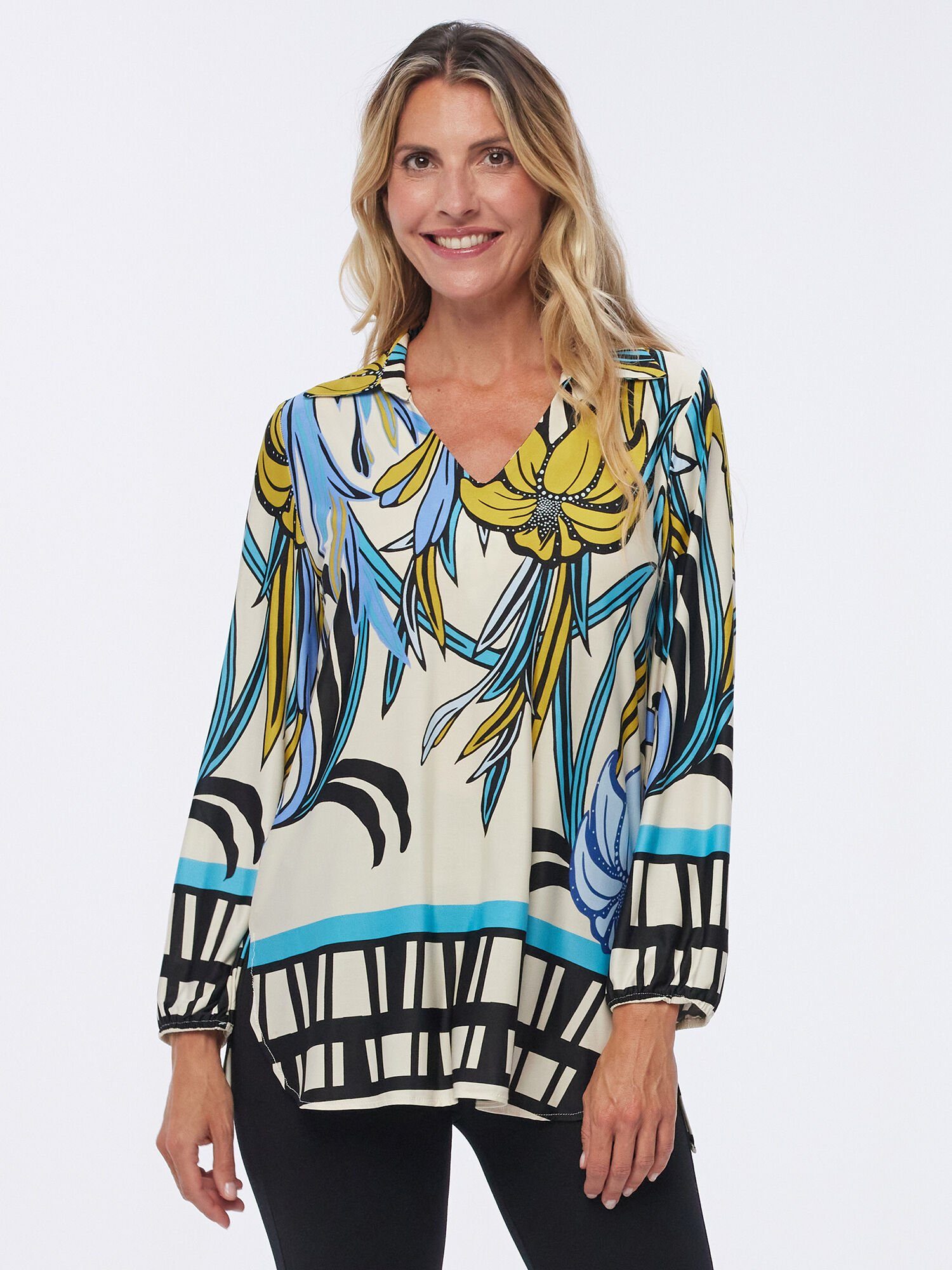 MONACO blue Langarmshirt Druckbluse figurumspielend mit floralem Design