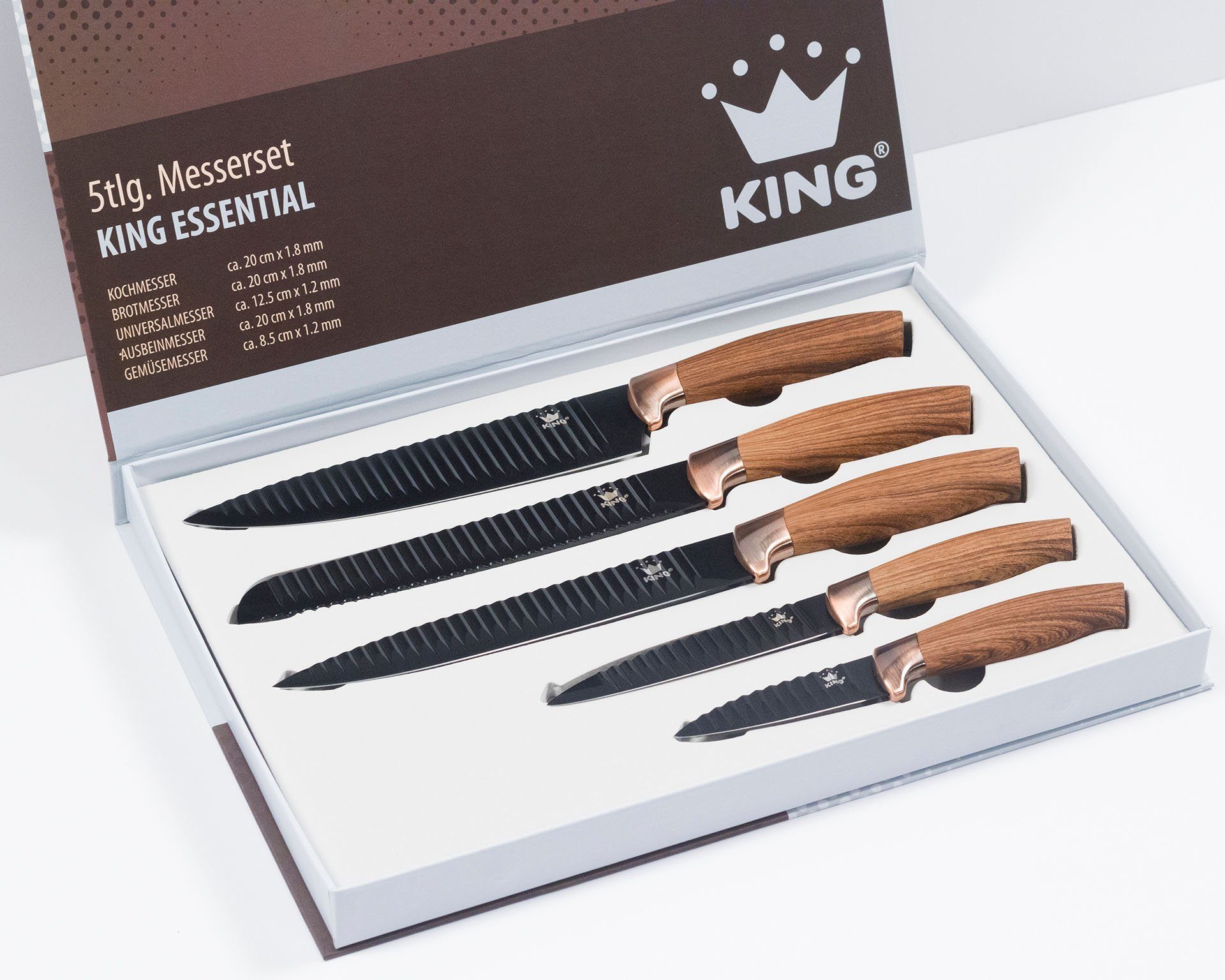 KING Messer-Set Essential (Set, 5-tlg., 5x Messer 20cm, 20cm, 12.5cm 20cm, 8.5cm), Wellenschliff, Griffe in Holzoptik, im Geschenk-Etui