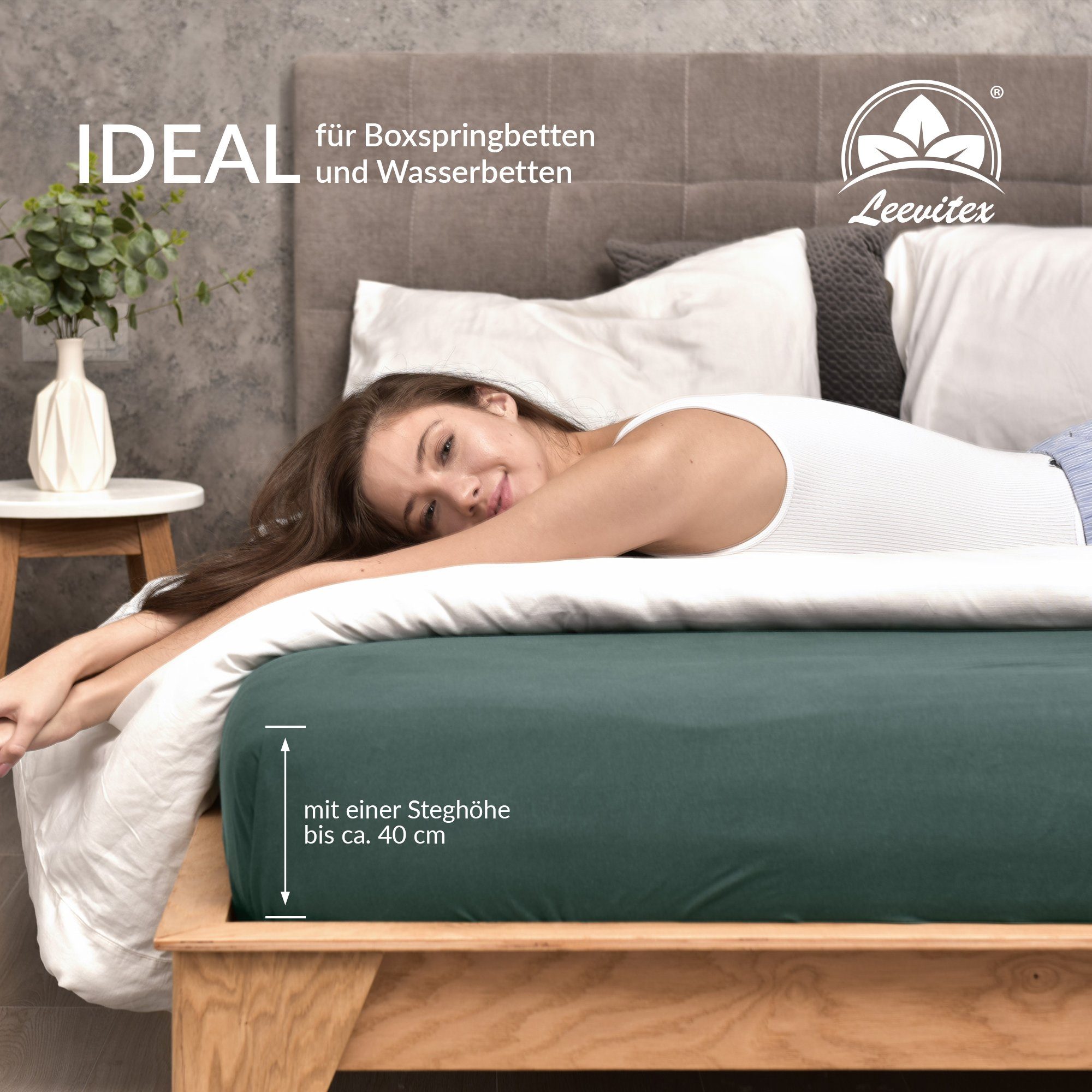 Boxspringbett Gummizug: 100% rundum, Tannengrün / leevitex®, auch Jersey-Baumwolle, Spannbettlaken Dunkelgrün schwer 170, und Premium dick, geeignet