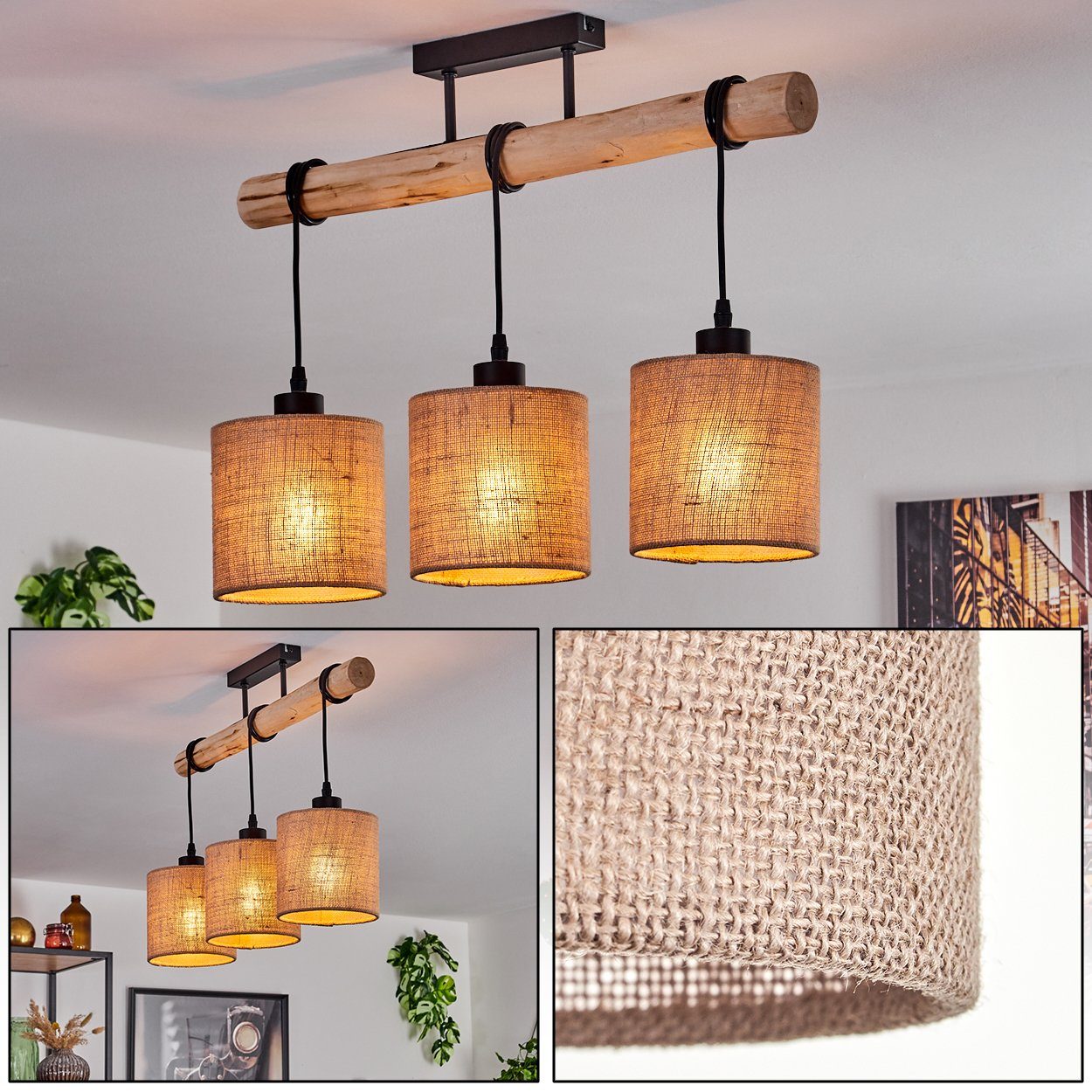 hofstein Deckenleuchte moderne Deckenlampe aus Holz/Metall/Leinen in Natur/Schwarz/Beige, ohne Leuchtmittel, Deckenleuchte im skandinavischen Design, 3x E27, ohne Leuchtmittel