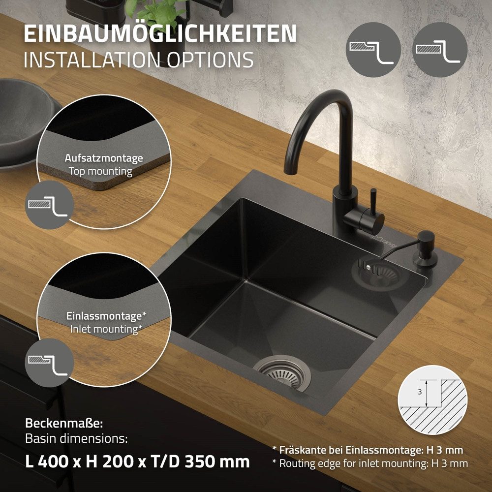 ML-DESIGN Küchenspüle Spülbecken aus Edelstahl, mit Ab- und Überlaufgarnitur & Siphon, 45/45 cm, Anthrazit Einzelbecken Waschbecken Küche Spüle Edelstahlspüle – Bild 5 von 5